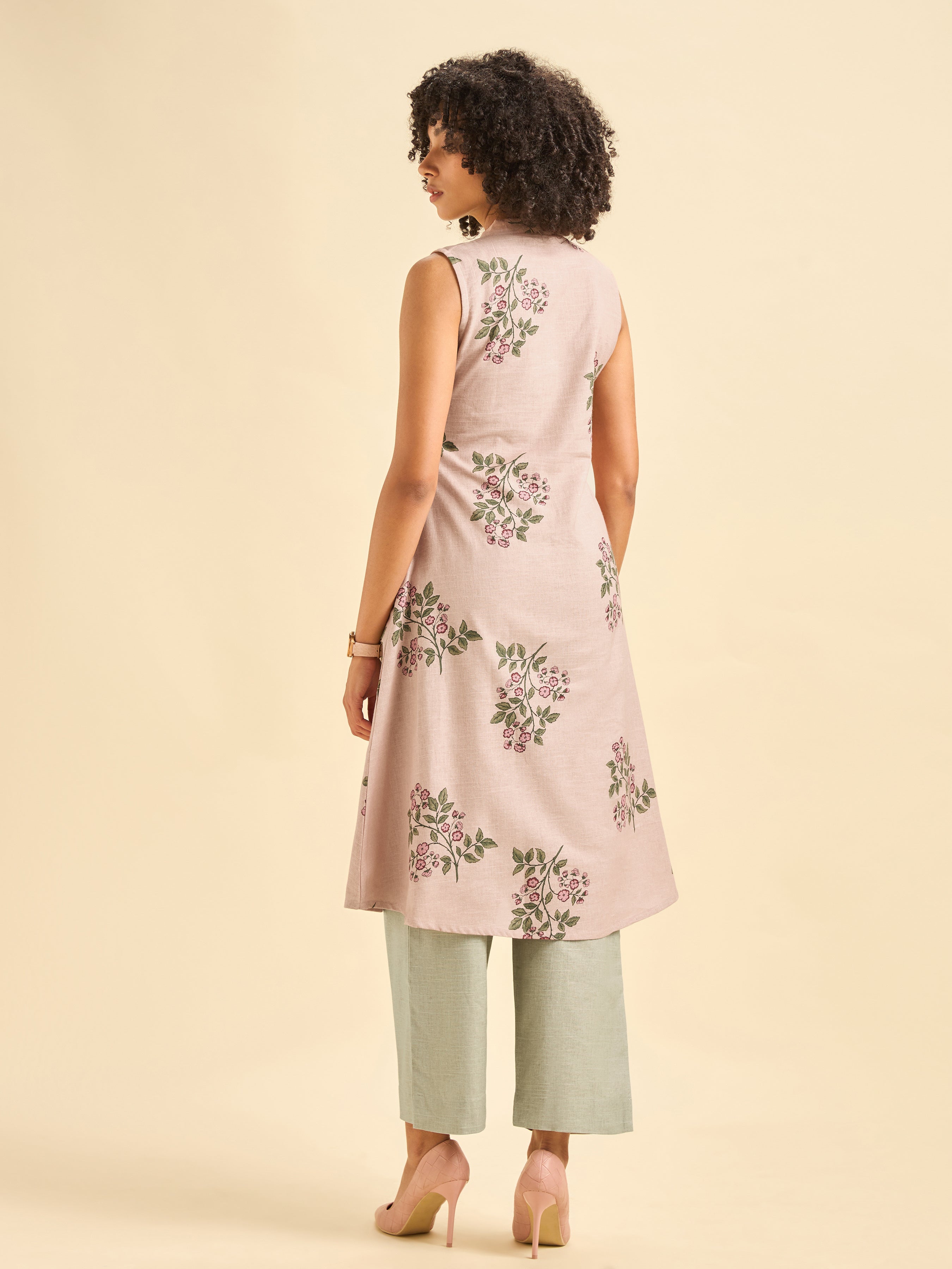 Onion Pink Cotton Flax Slub Sleeveless Kurti Set