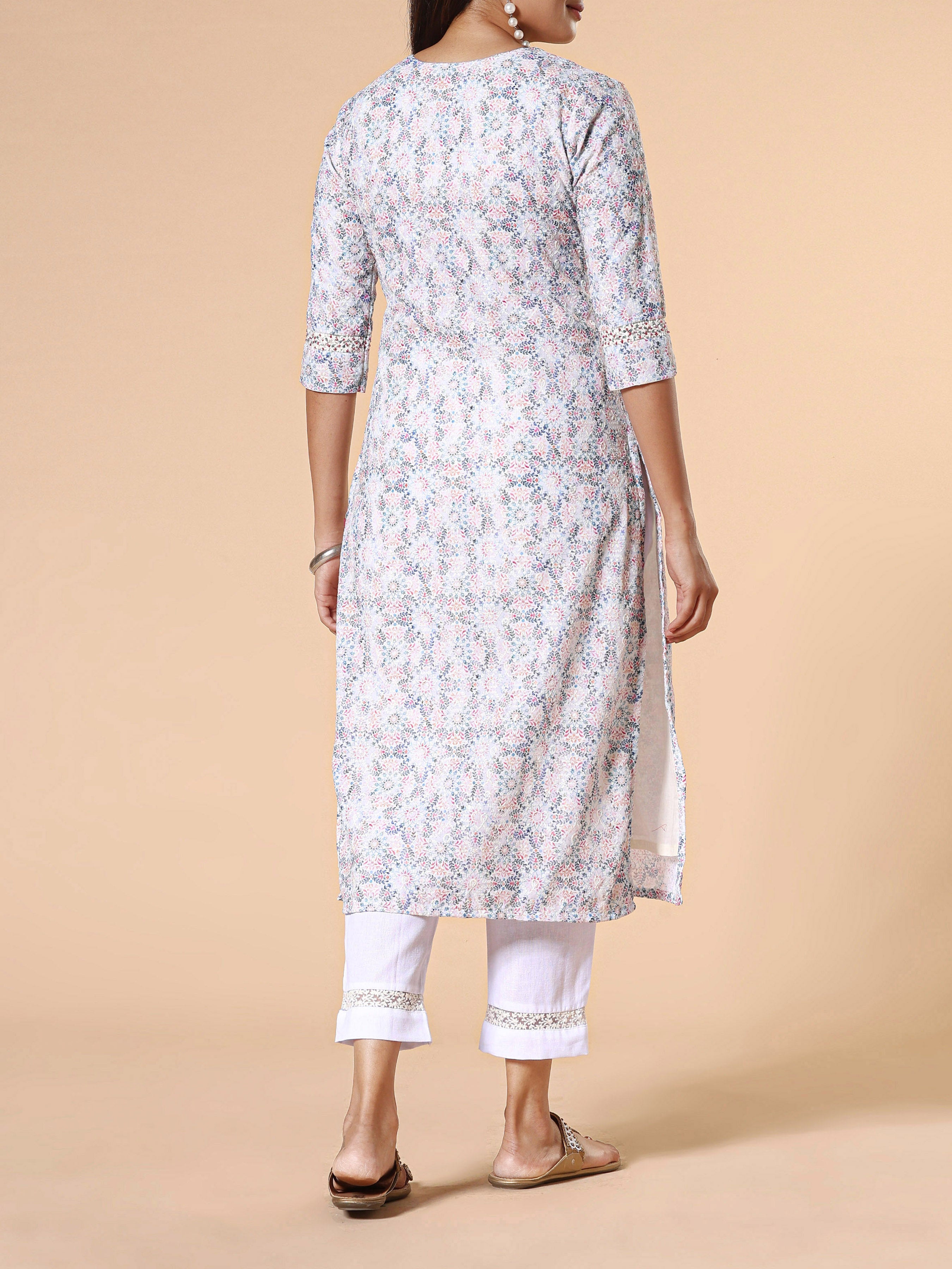White Poly Cotton Schiffli Printed Kurti With Embroidery And Matching Bottom