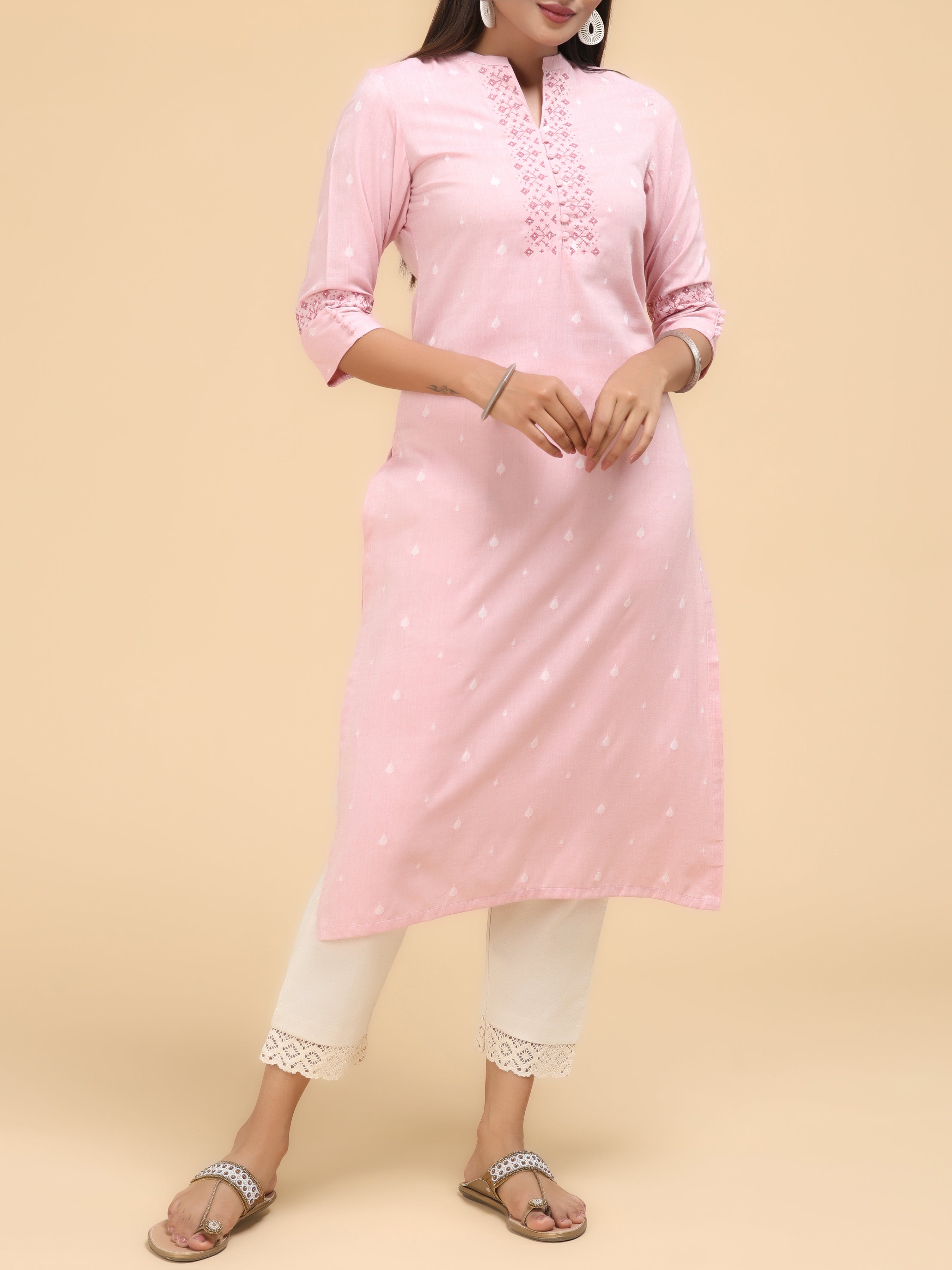 Light Pink Cotton Dobby Kurti With Embroidery