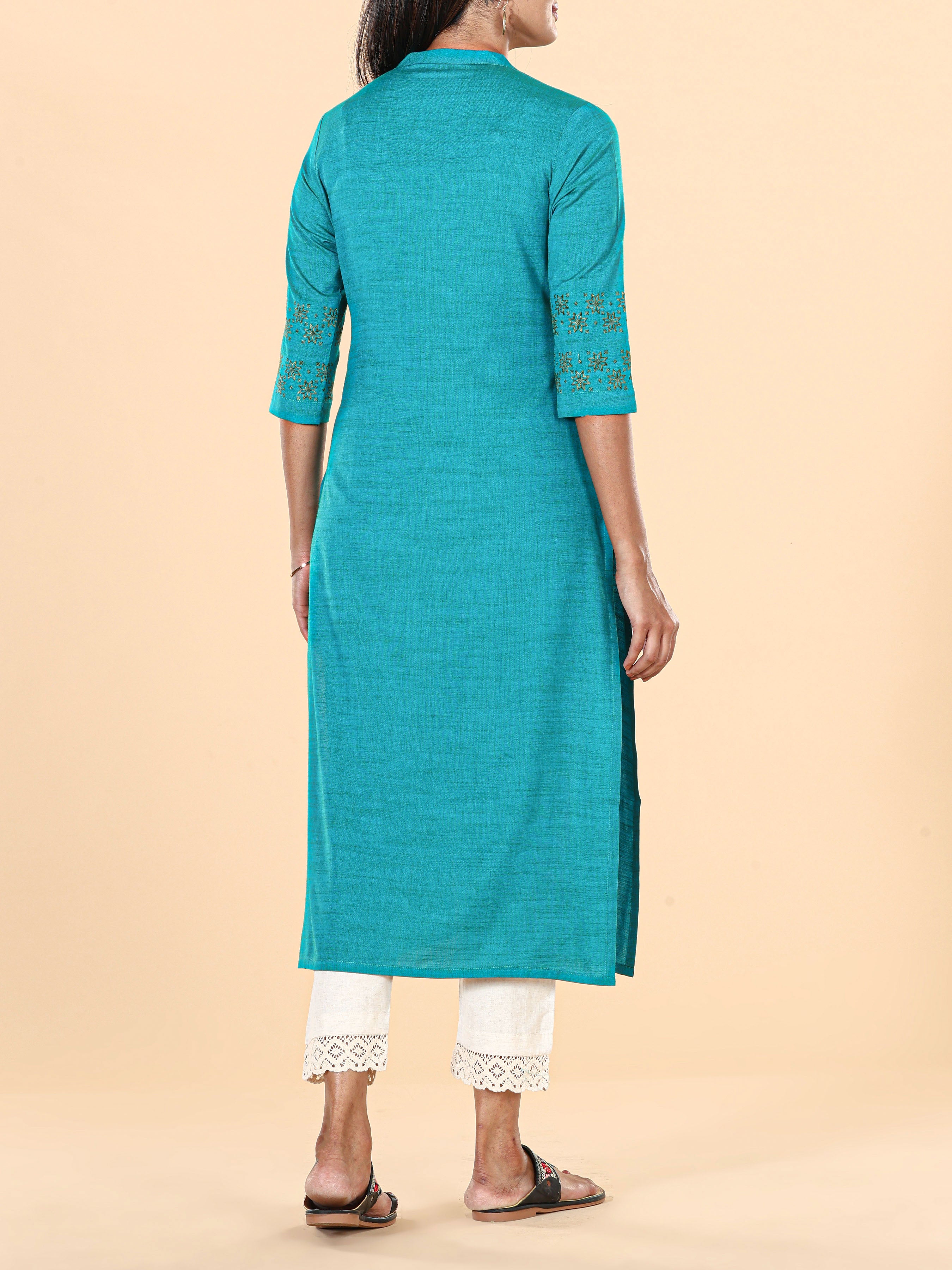 Teal Blue Viscose Kurti With Embroidery