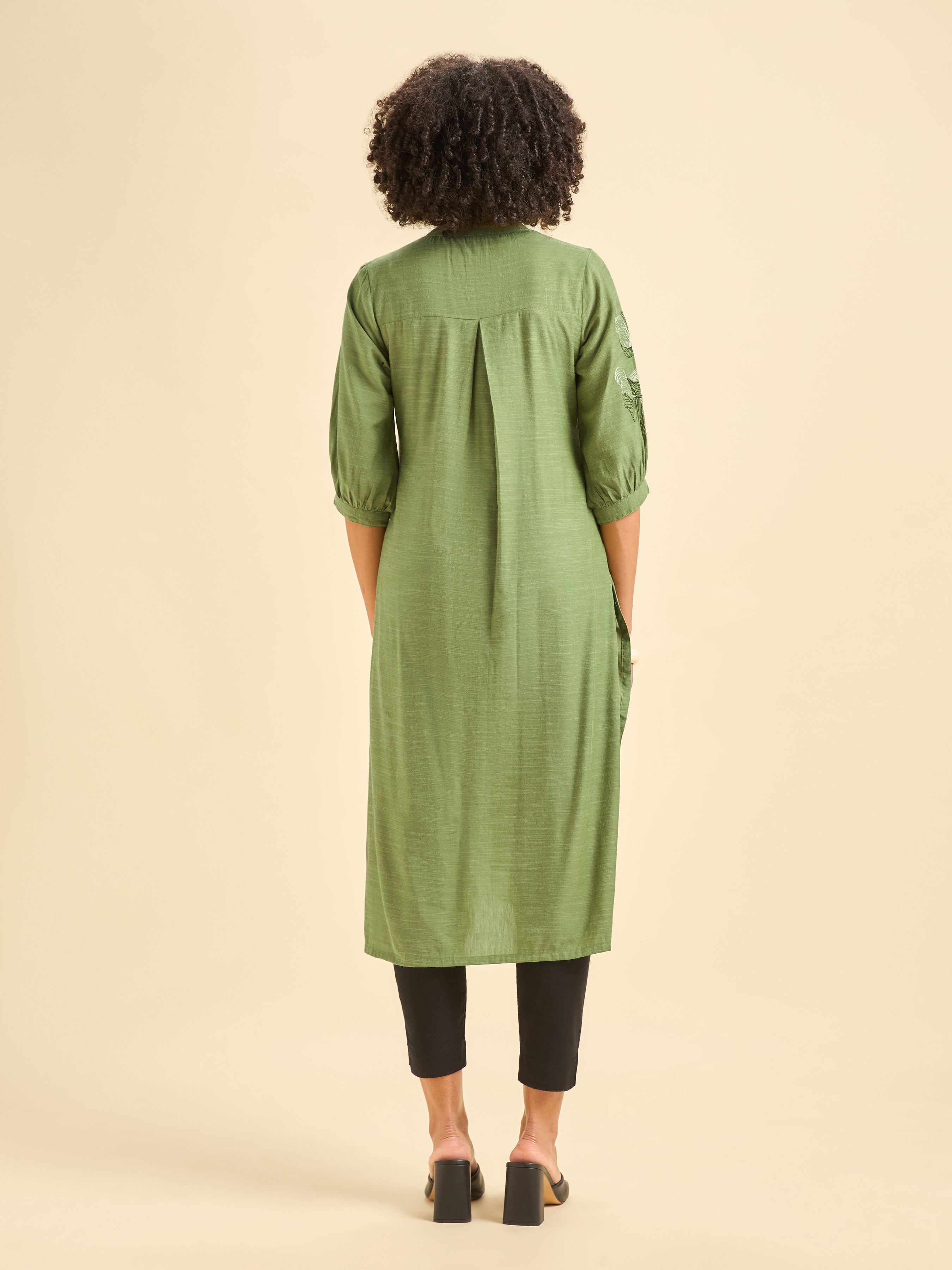 Mint Green Cotton Viscose Kurti With Embroidery