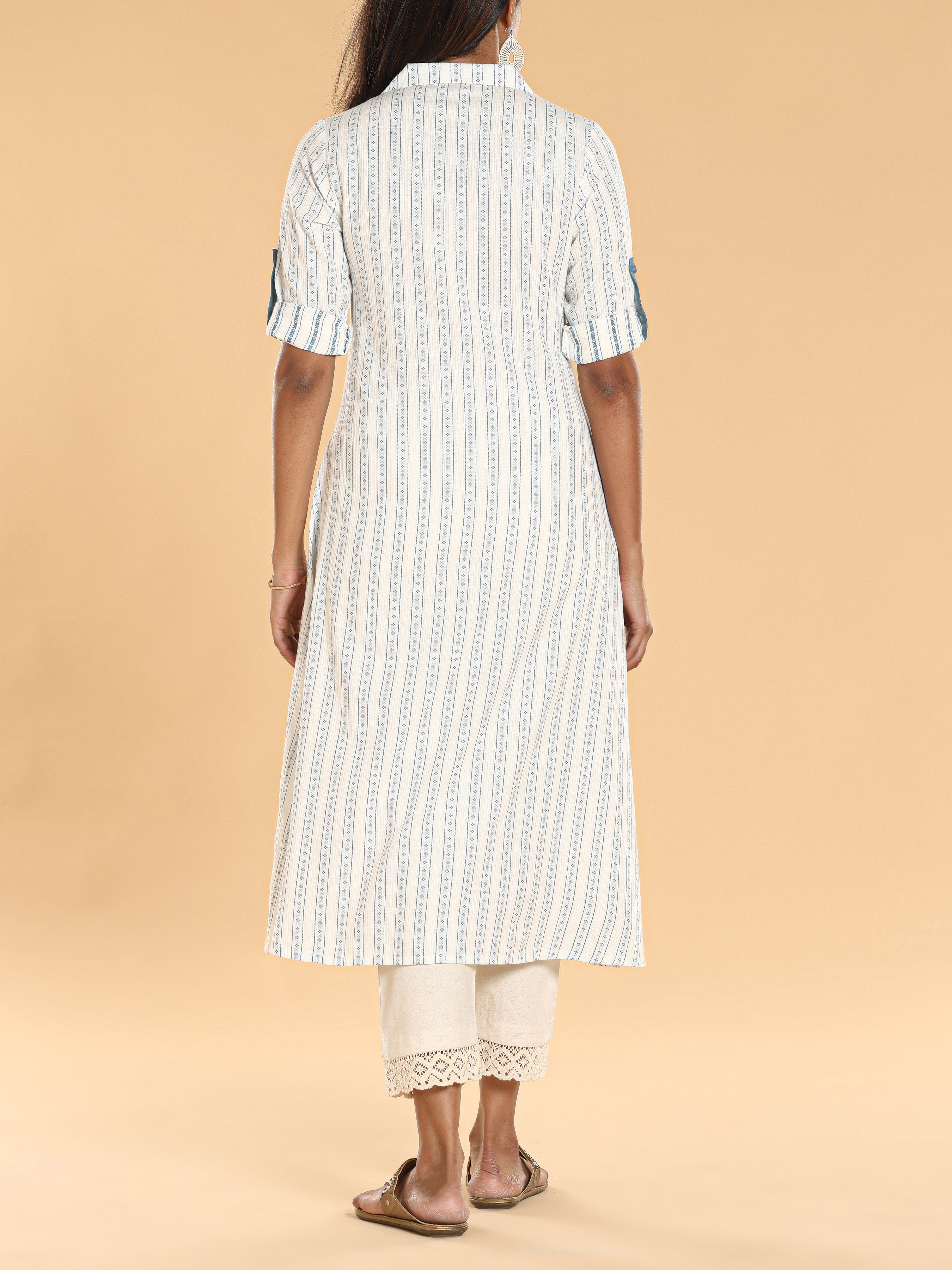 Off White Cotton Dobby Kurti With Button Placket