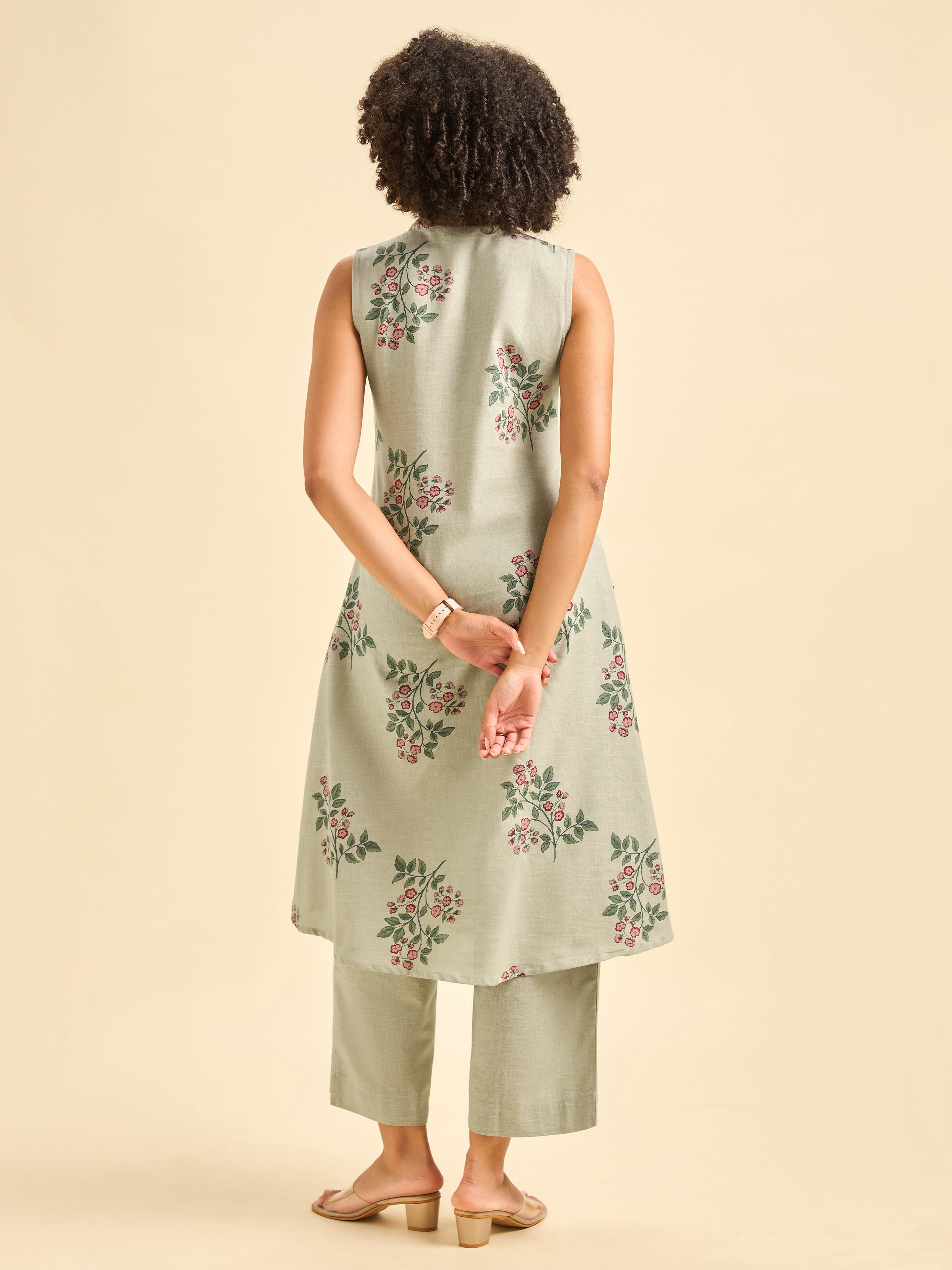 Pista Green Cotton Flax Slub Sleeveless Kurti Set