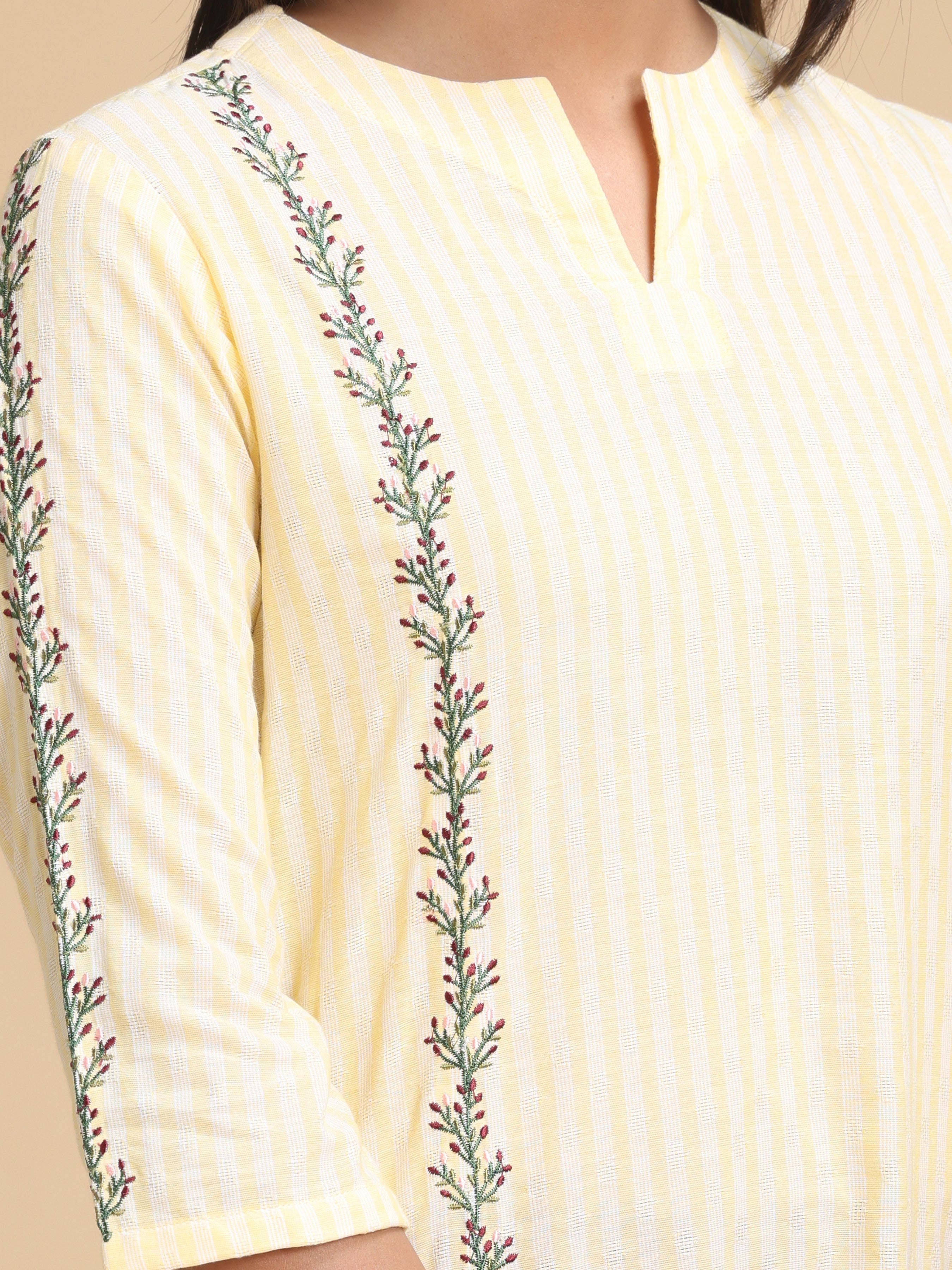 Pale Yellow Cotton Dobby Kurti With Embroidery