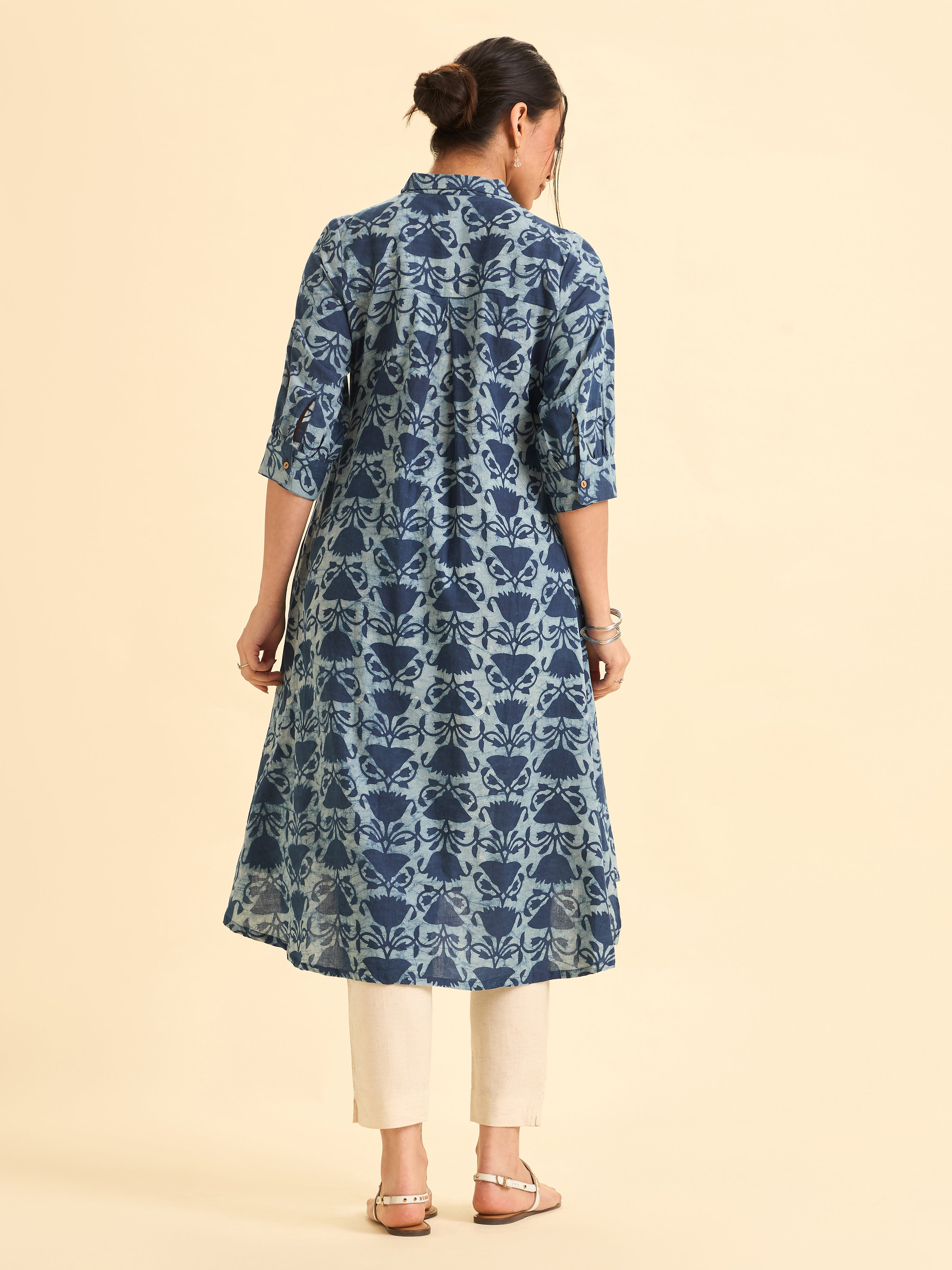 Indigo Cotton Printed Flared Kurti With Curved Hem
