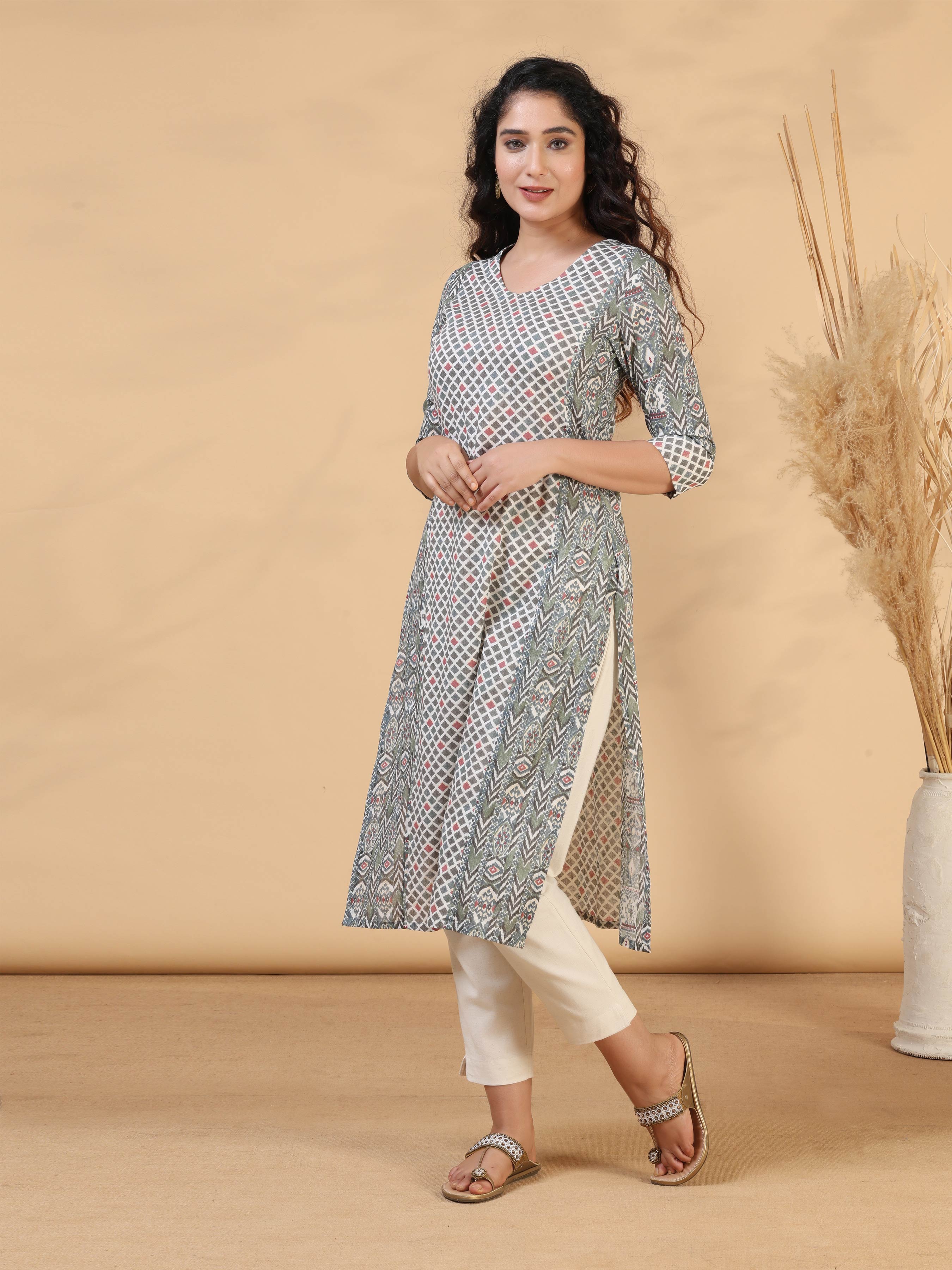 Grey Mul Cotton Printed Kurti With Panel Cut