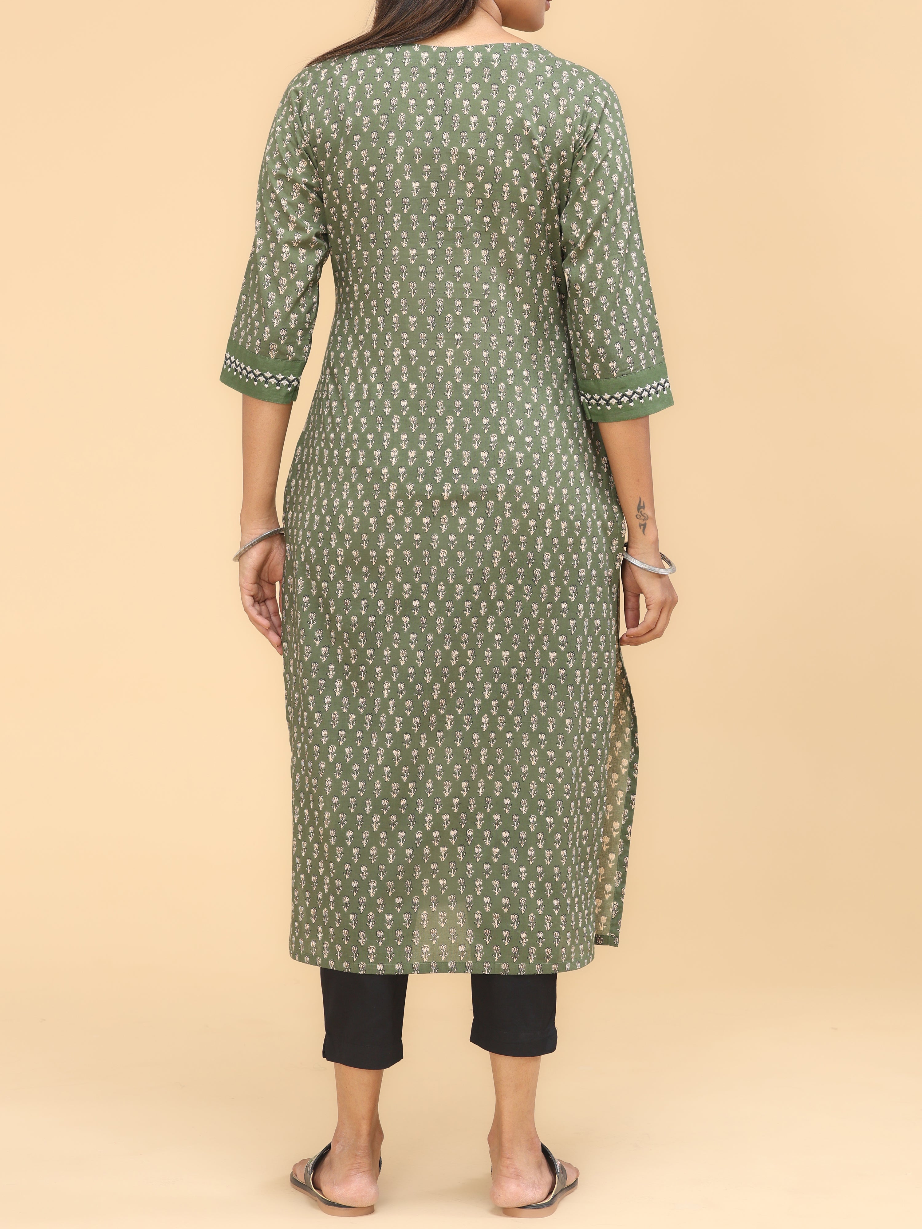 Olive Green Pure Cotton Printed Kurti With Embroidery