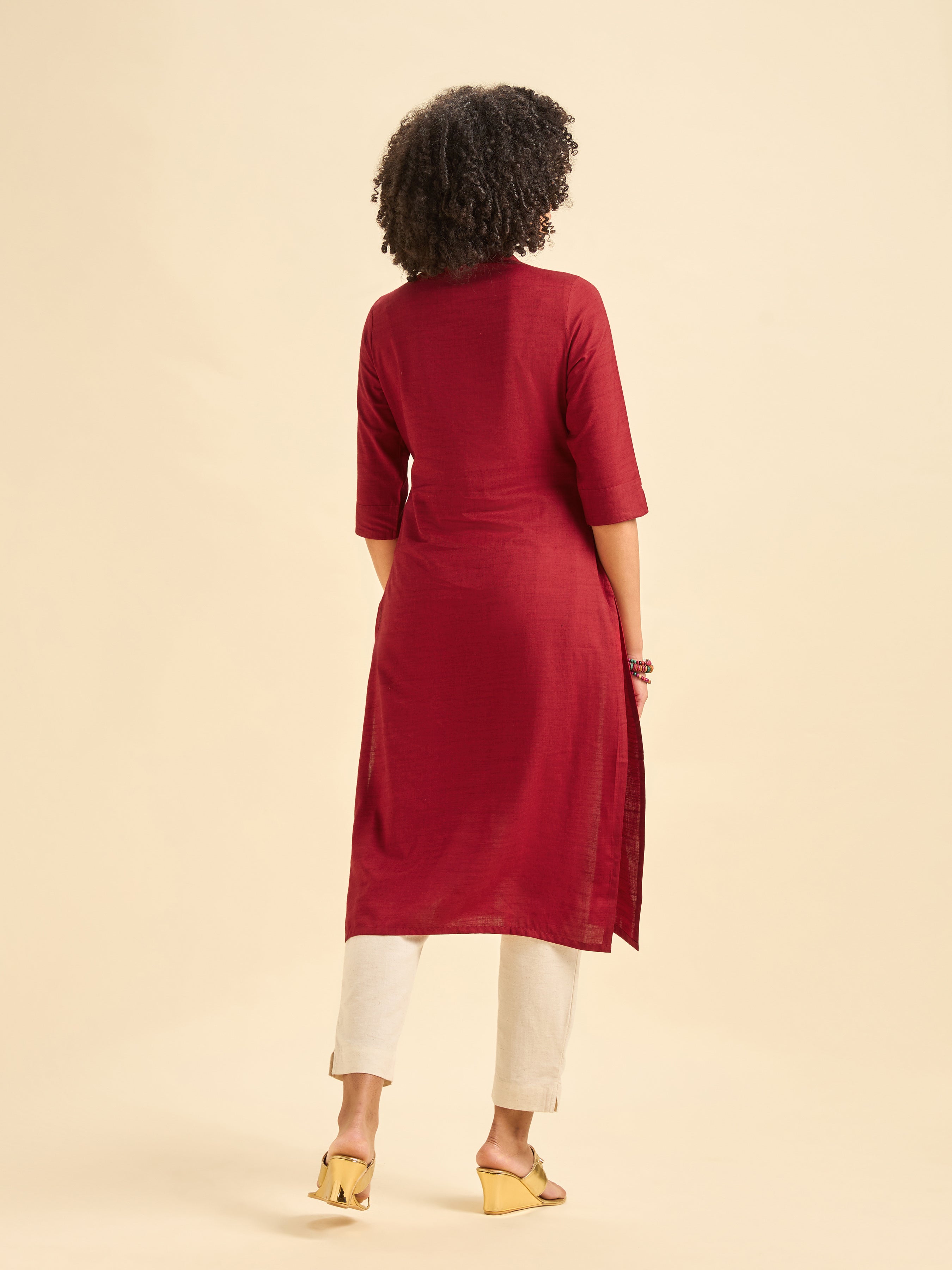 Red Cotton Viscose Kurti With Embroidery