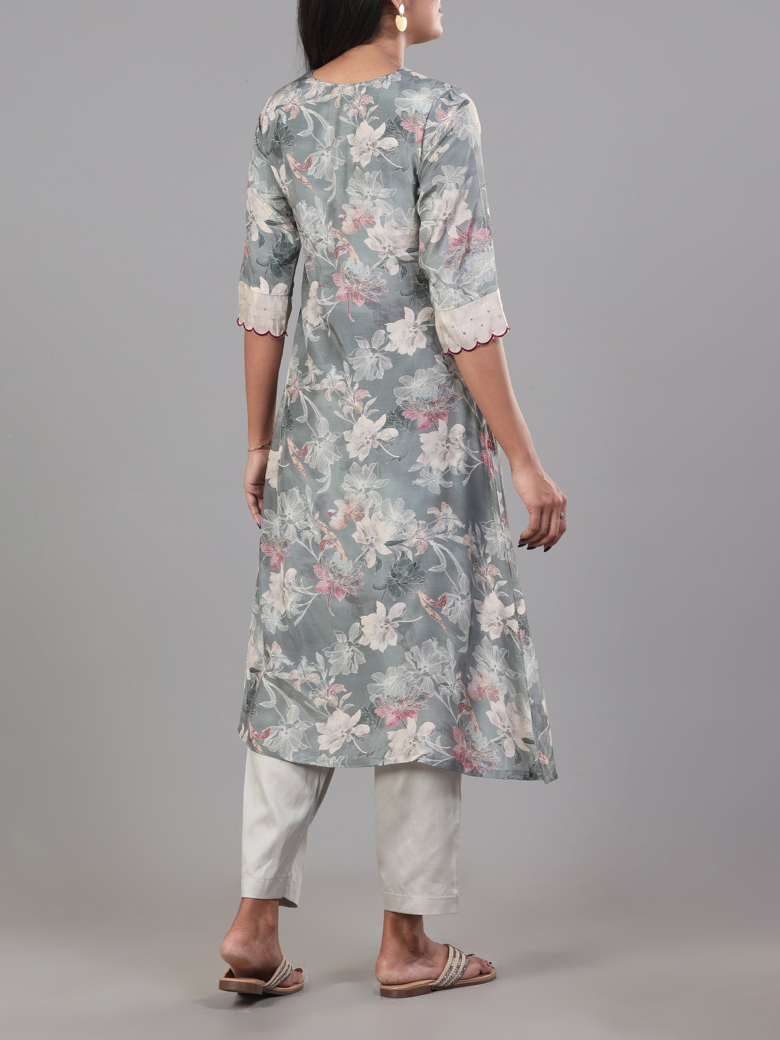 Multi Colour Muslin Printed Kurti With Embroidery And Matching Bottom