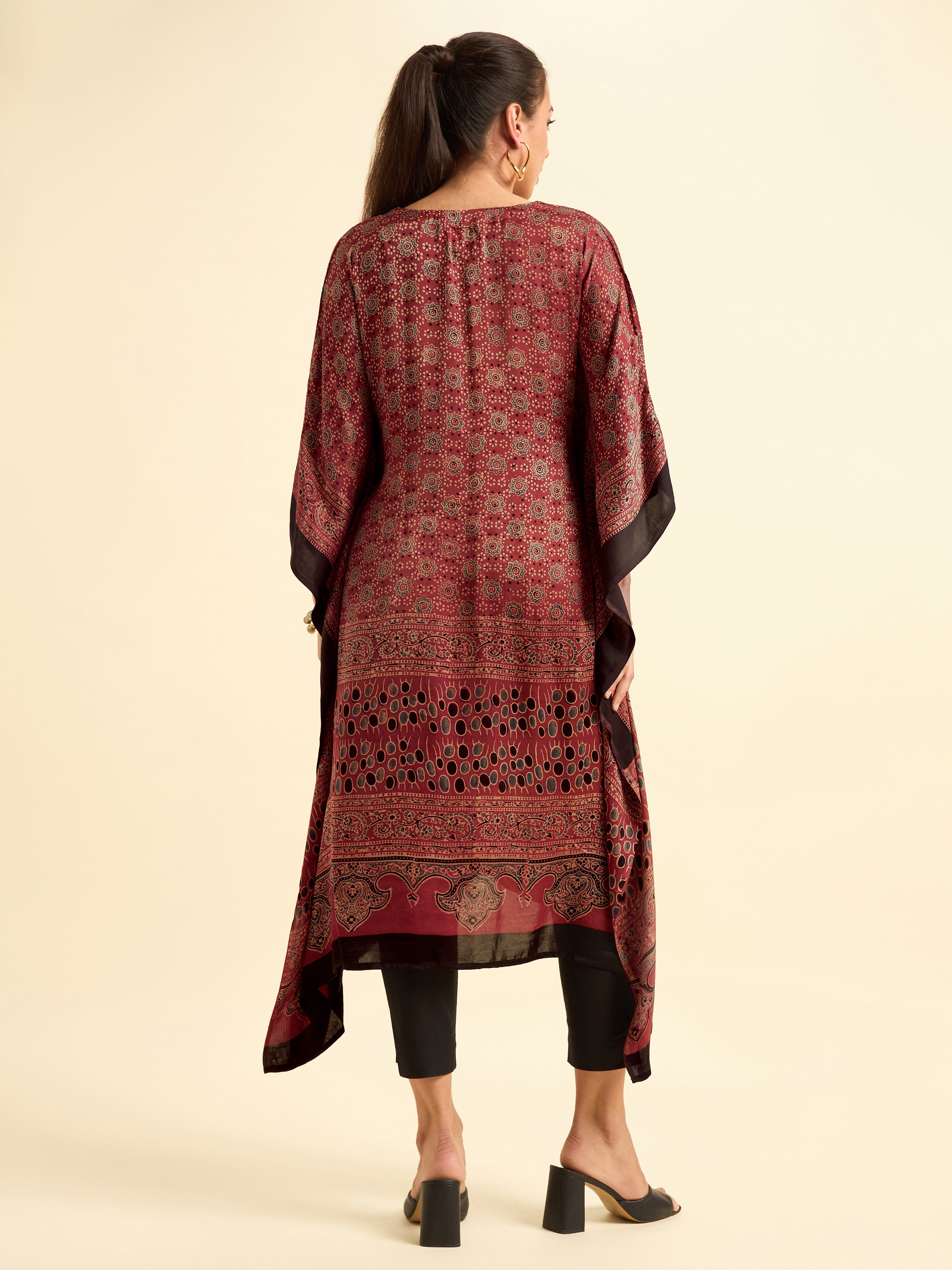 Maroon Multi Colour Modal Satin Kaftan With Embroidery Sequins Work