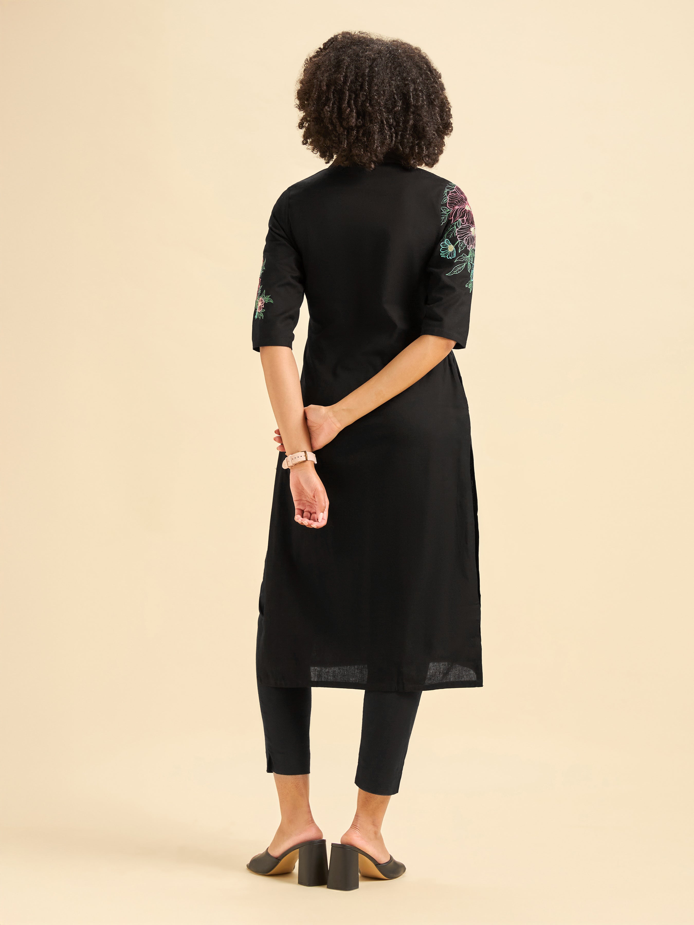 Black Cotton Flax Plain Slited Kurti With Embroidery