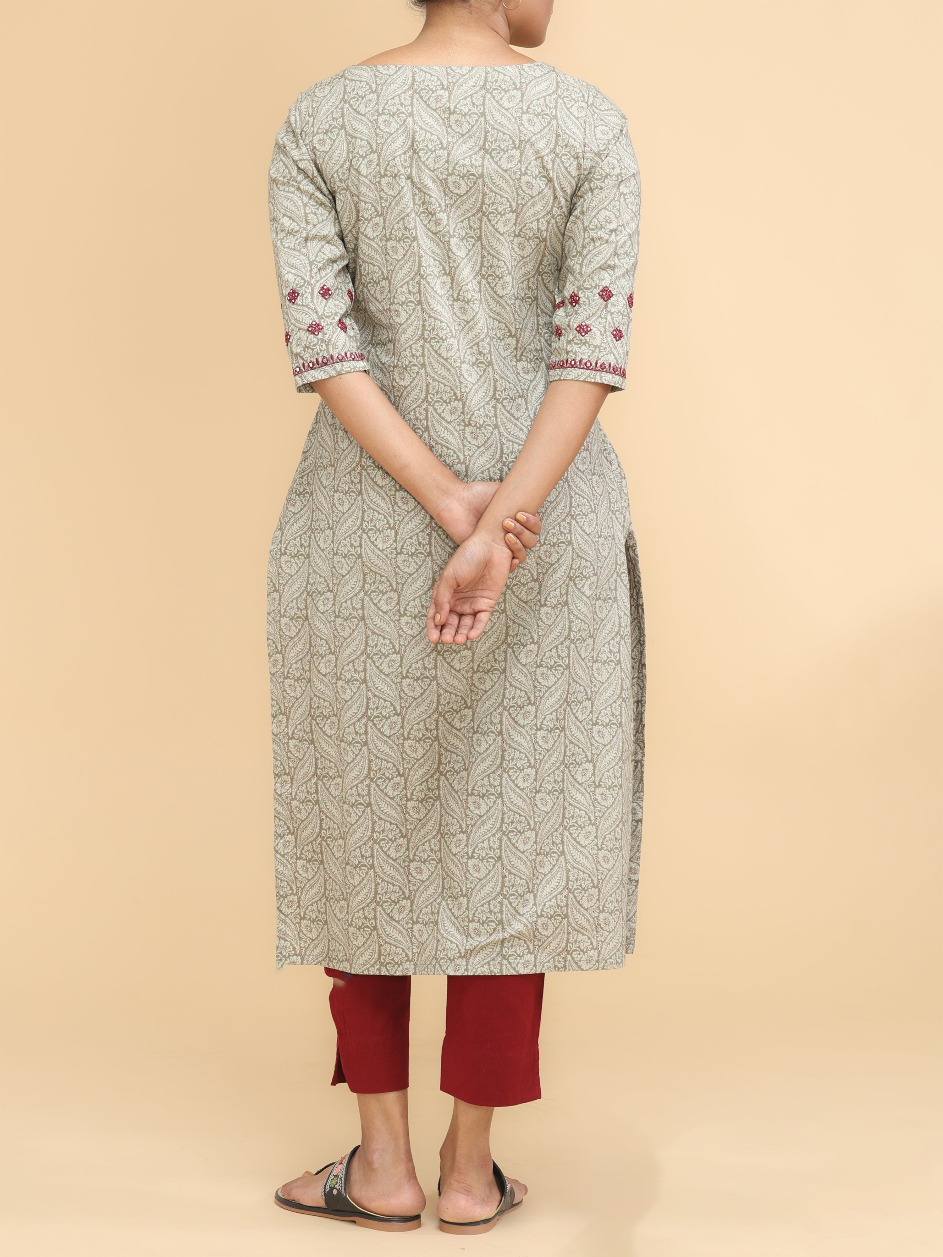 Beige Pure Cotton Printed Kurti With Embroidery