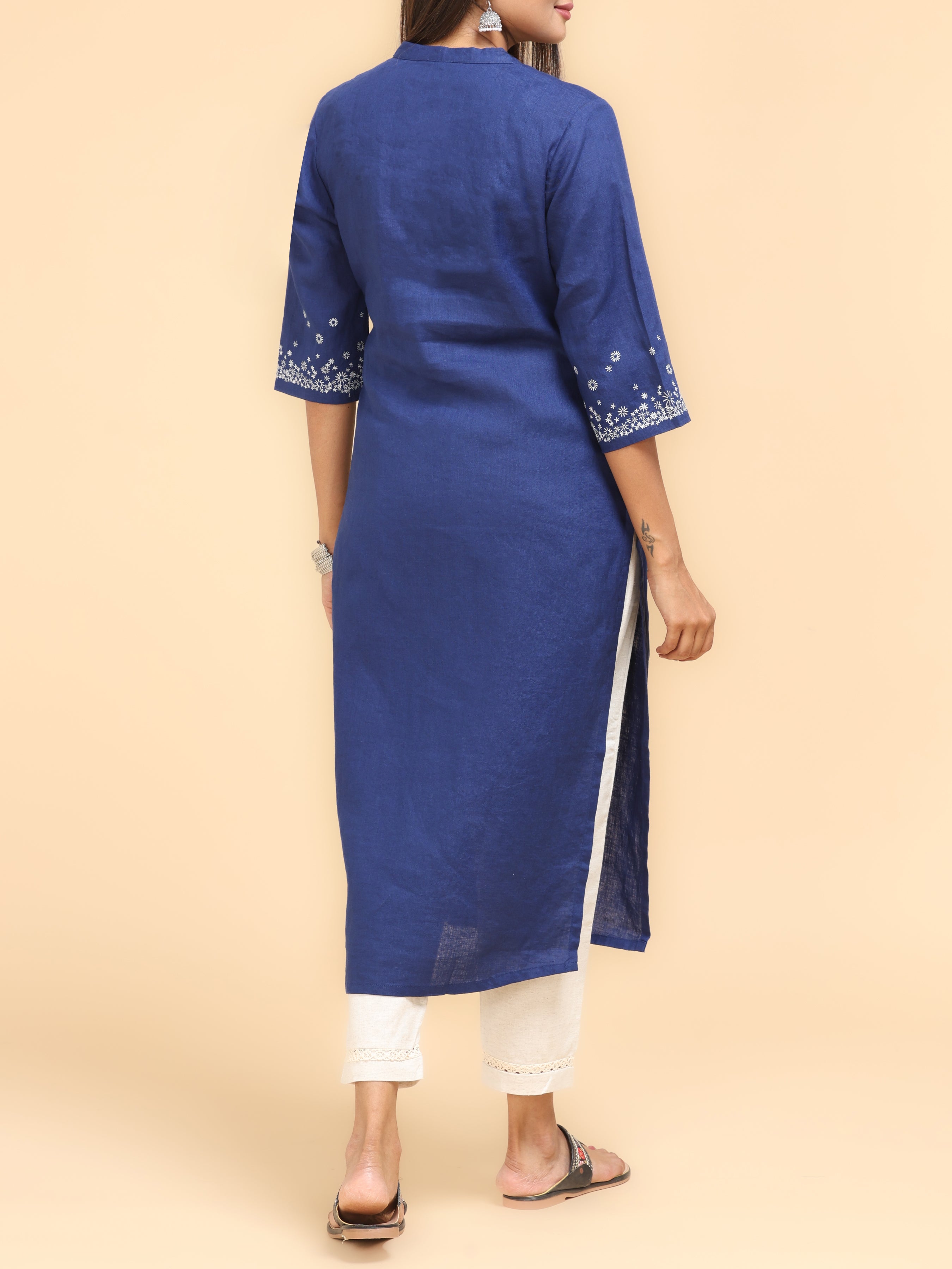 Royal Blue Cotton Linen Kurti With Embroidery
