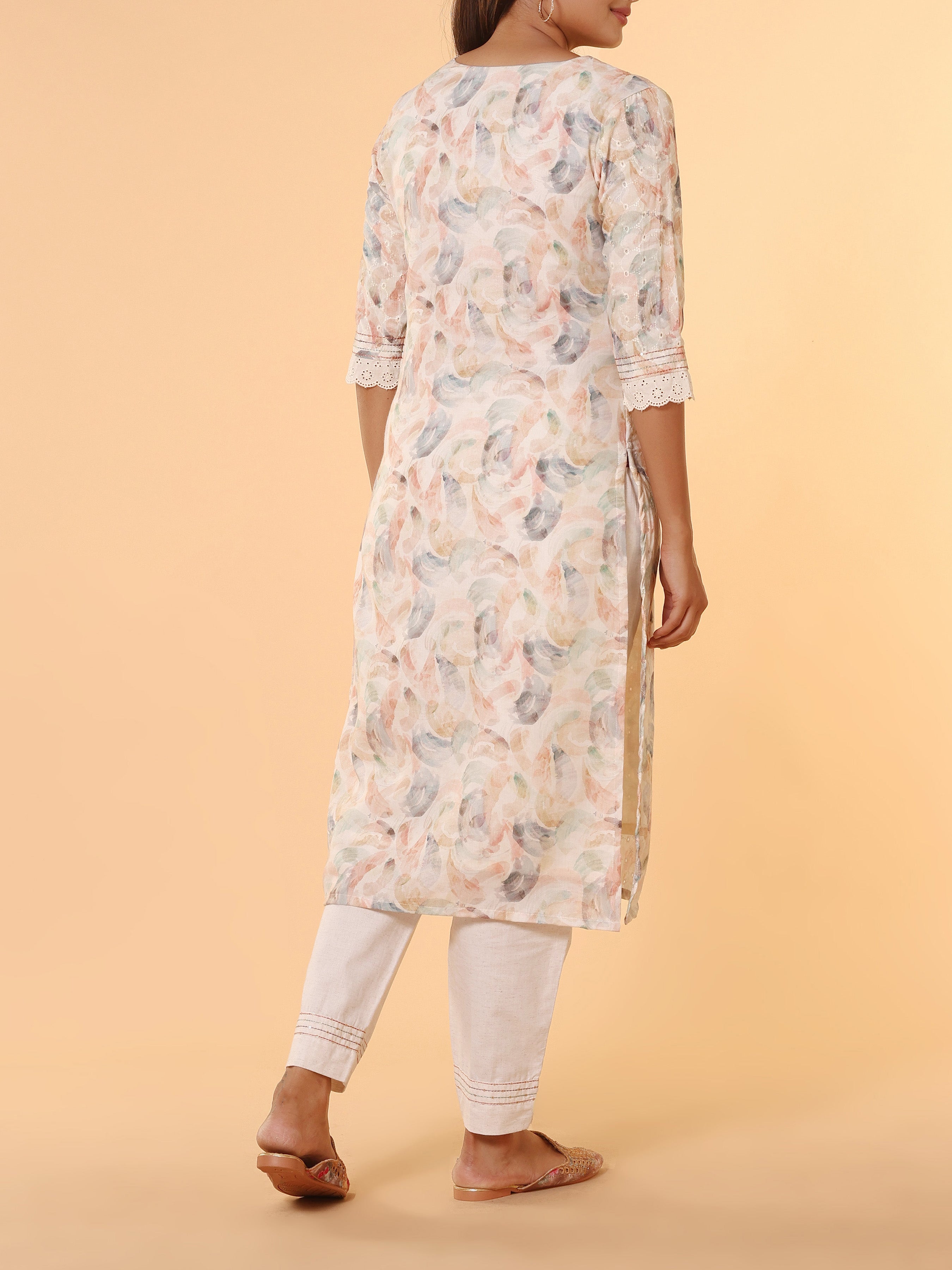 Multi-Colour Cotton Schiffli Printed Kurti With Embroidery And Matching Bottom