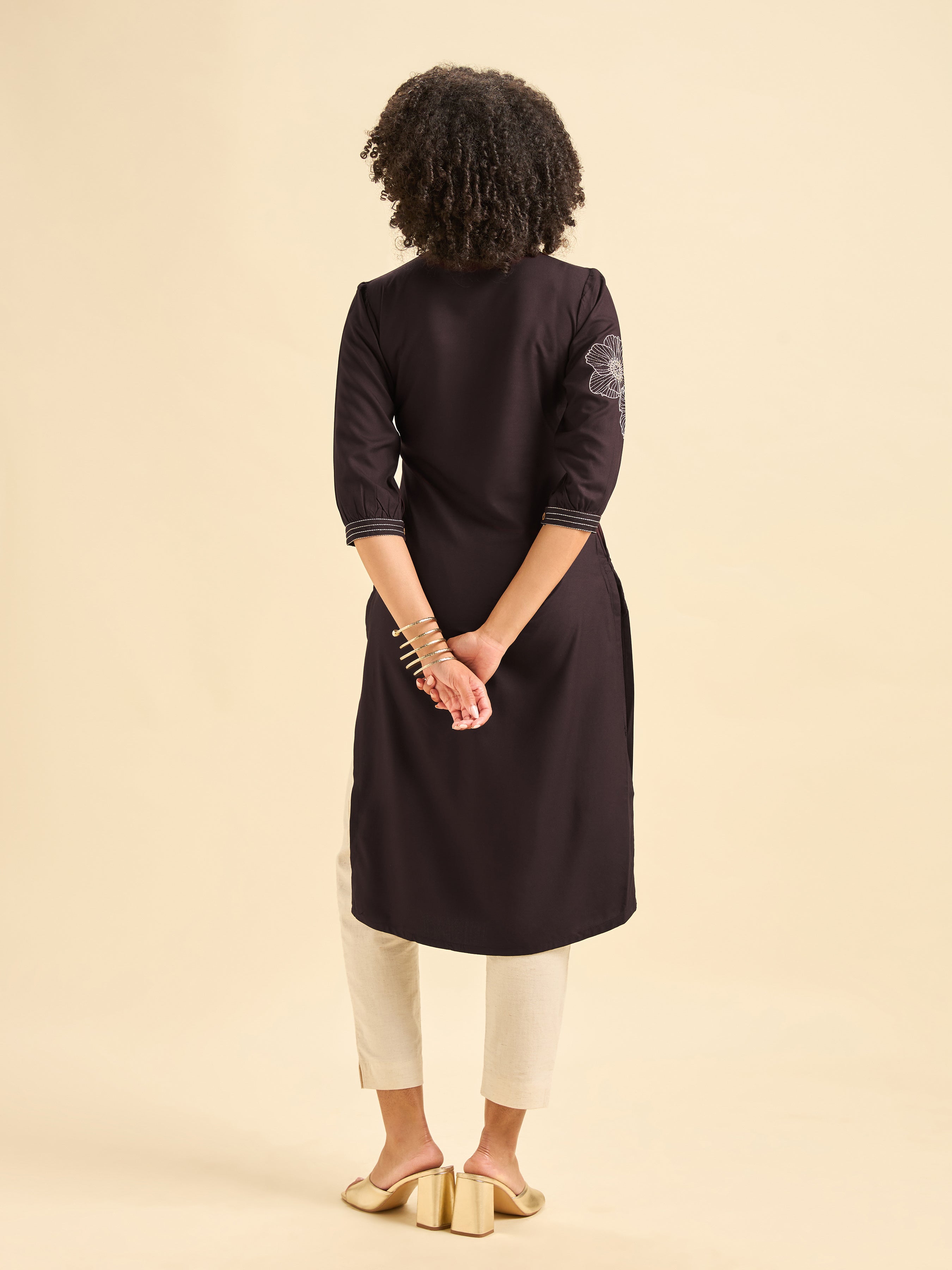 Coffee Brown Viscose Plain Slited Kurti With Embroidery