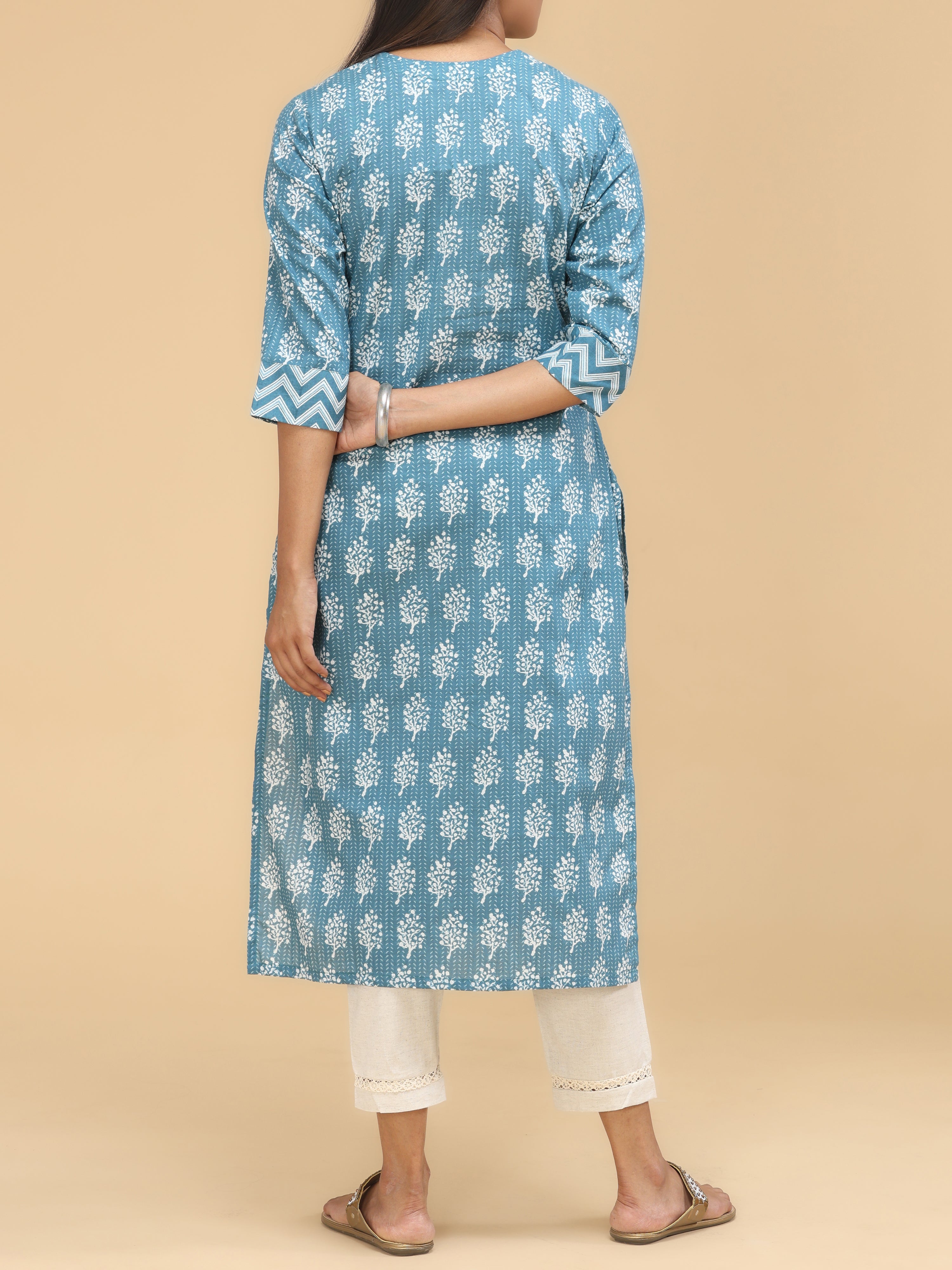 Indigo Blue Pure Cotton Printed Kurti With Sequins Work