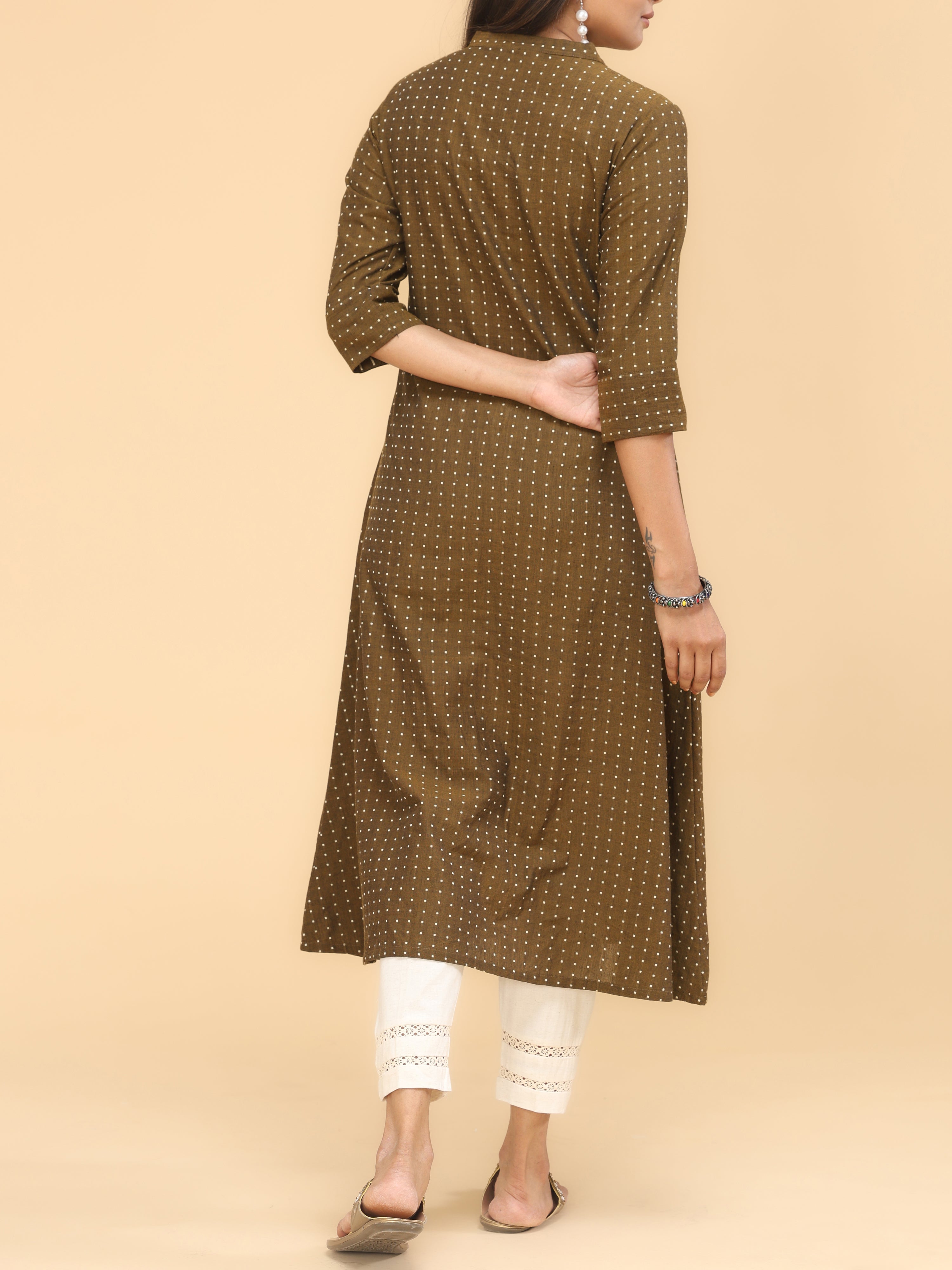 Brown Cotton Dobby Kurti With Embroidery