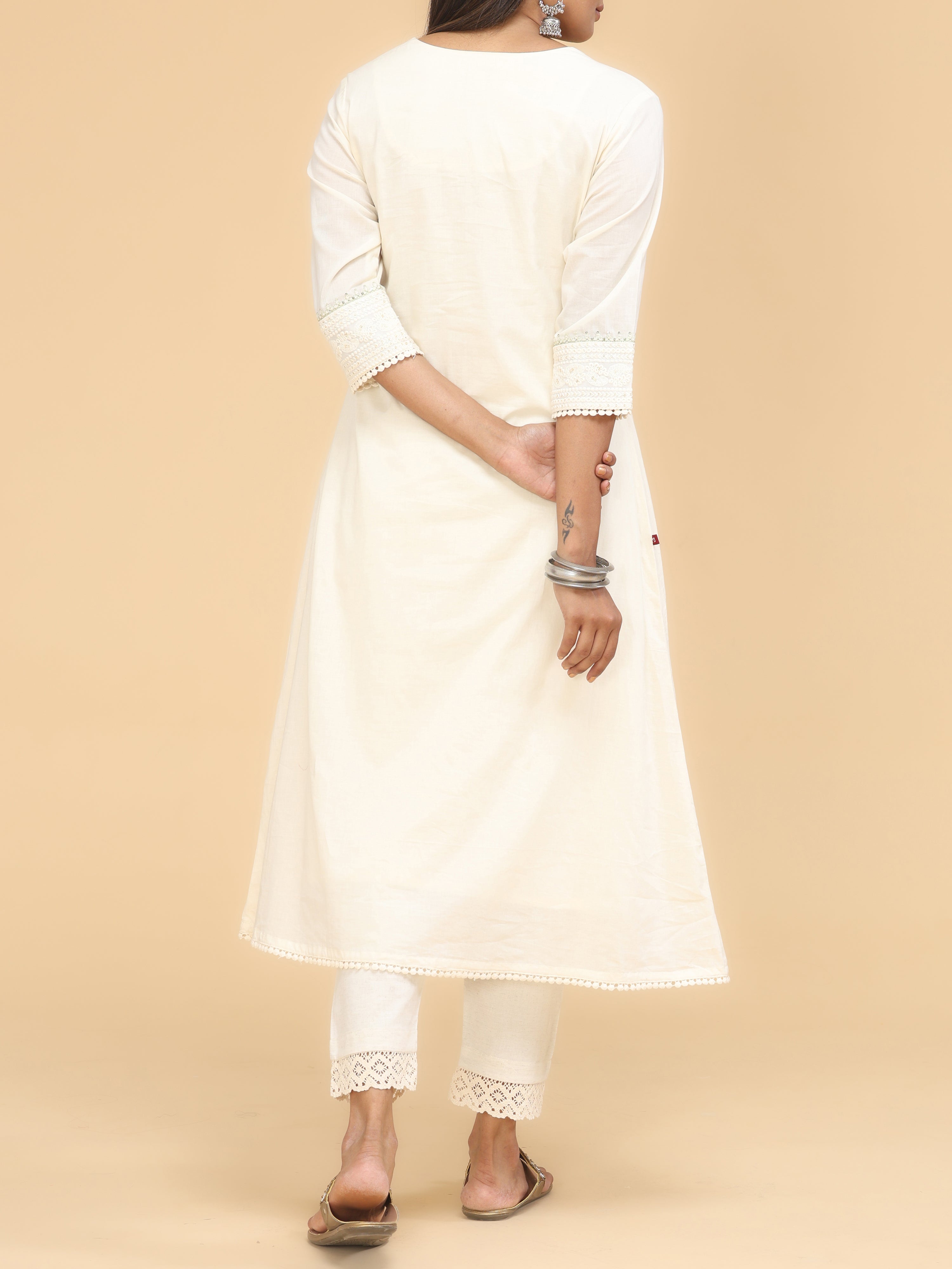 Off-White Cotton Kurti With Embroidery And Sequins Work