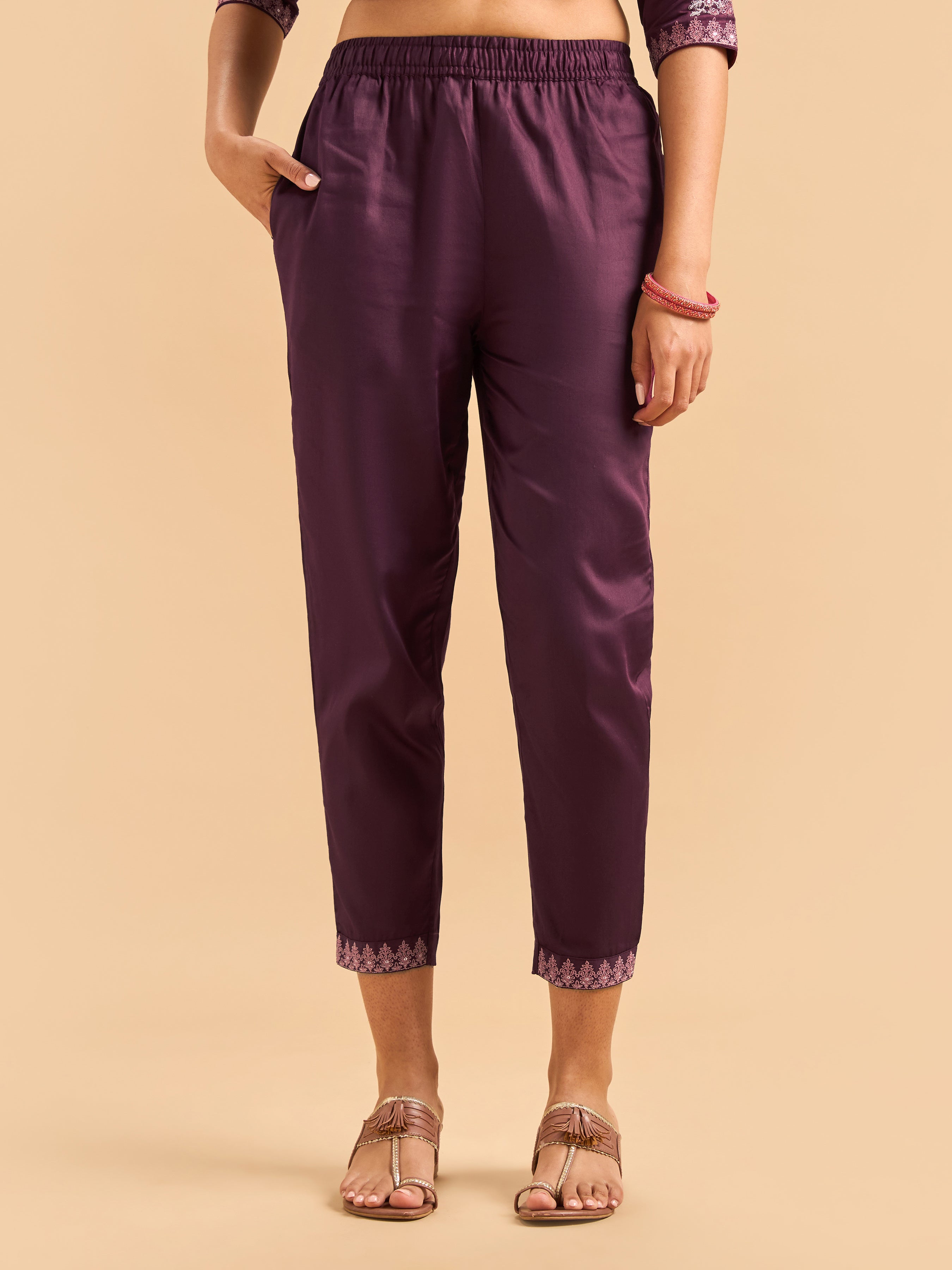 Magenta Modal Satin Kurti Set & Dupatta With Sequins Embroidery