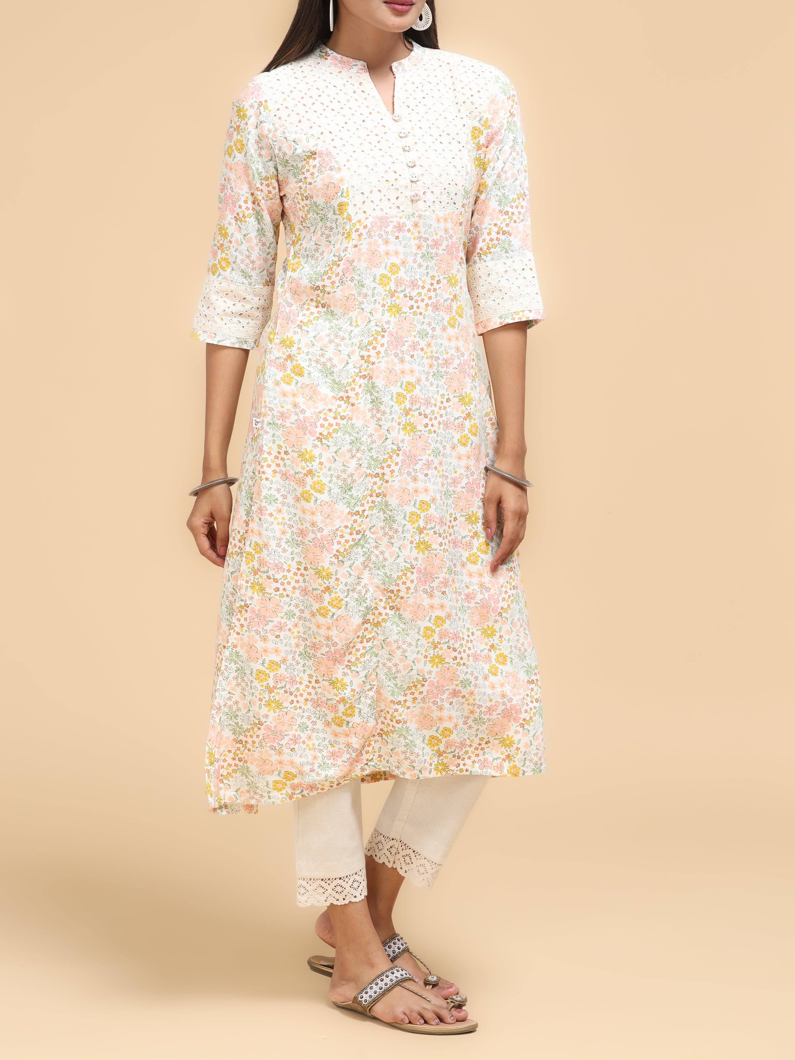 Women Wearing Multi-Color Cotton Kurti With Floral Print