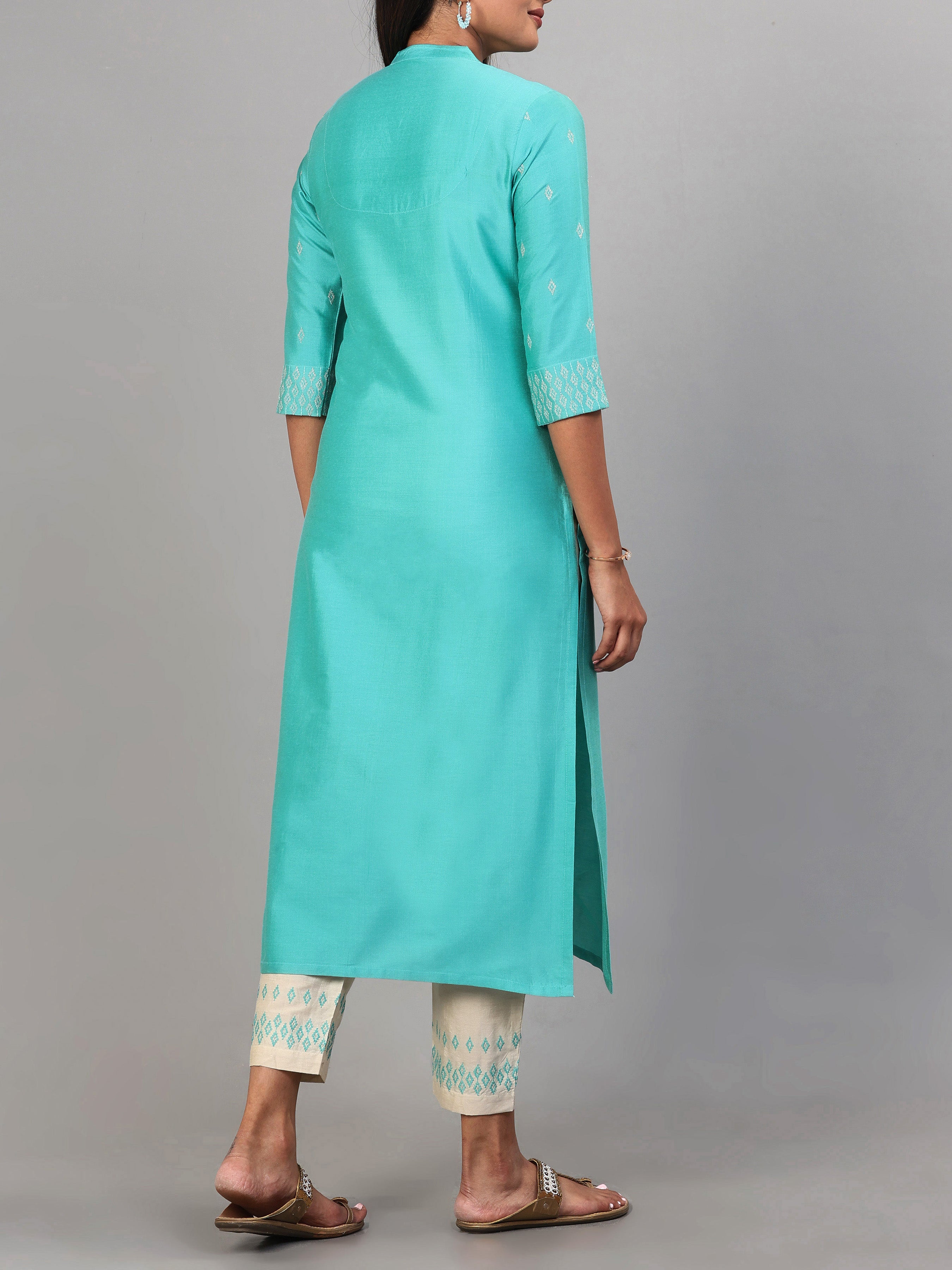 Aqua Blue Poly Viscose Kurti With Embroidery And Matching Bottom