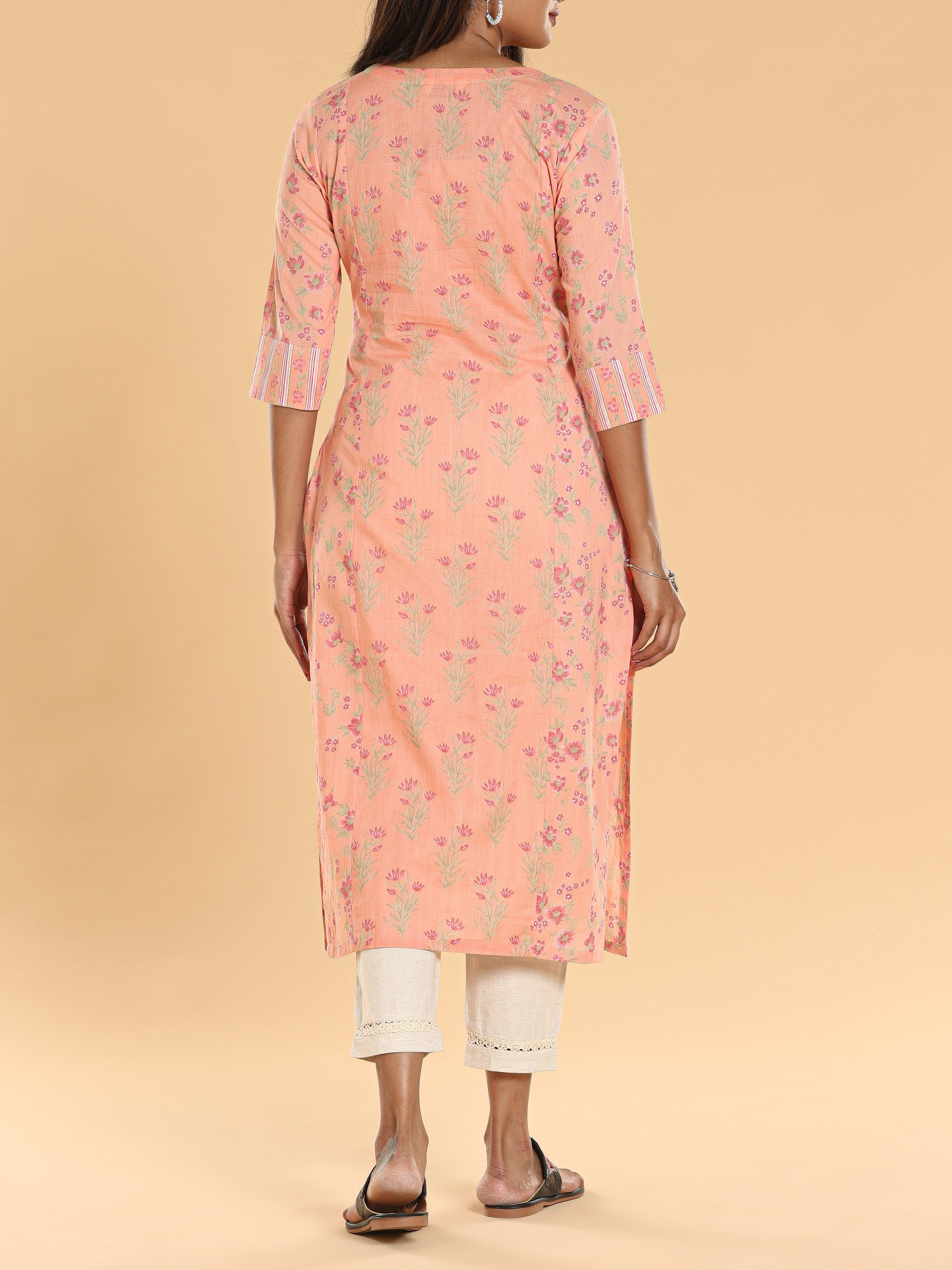 Peach Pure Cotton Printed Kurti With Panel Cut