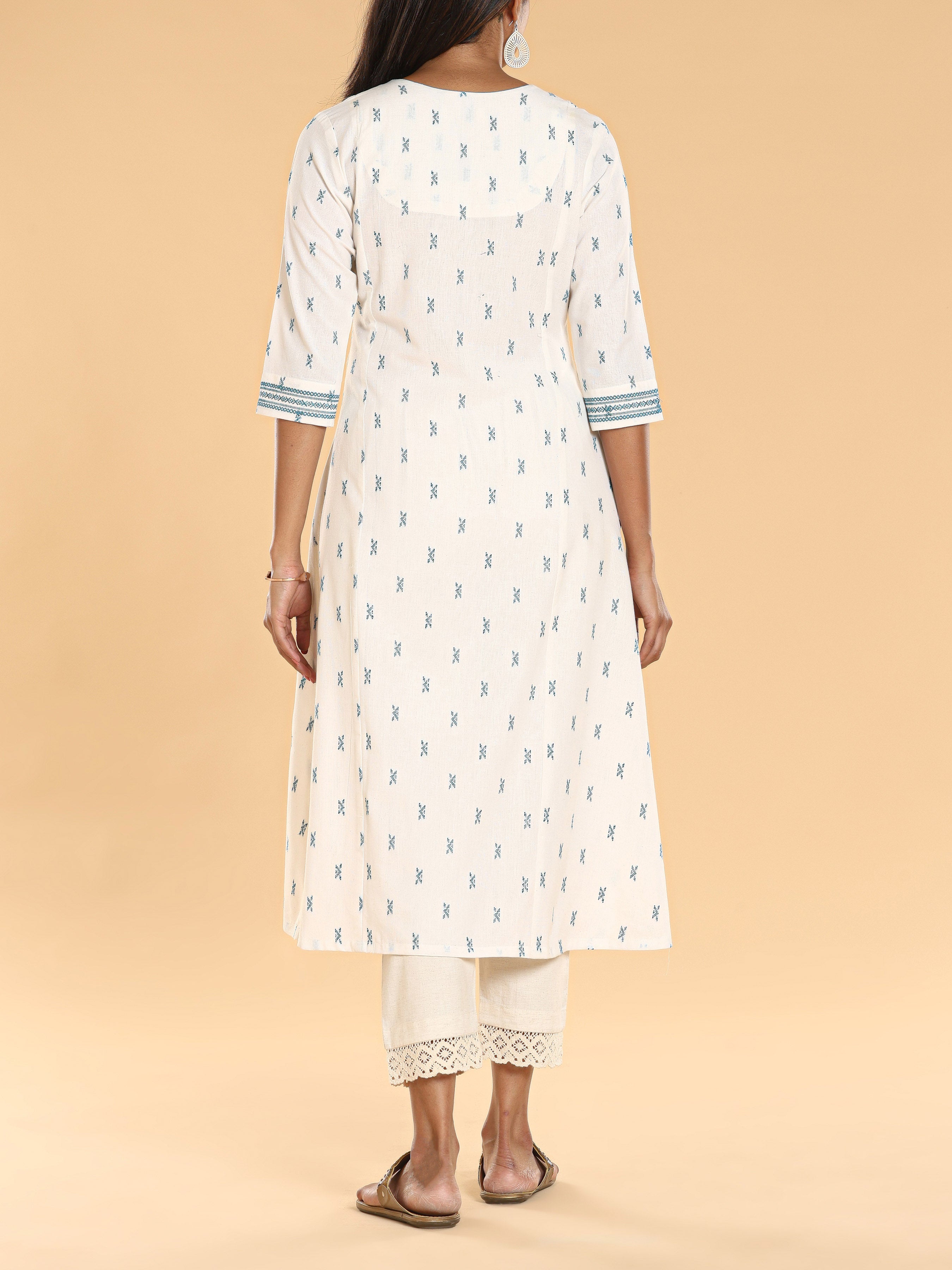 Ivory Cotton Dobby Printed Kurti With Embroidery