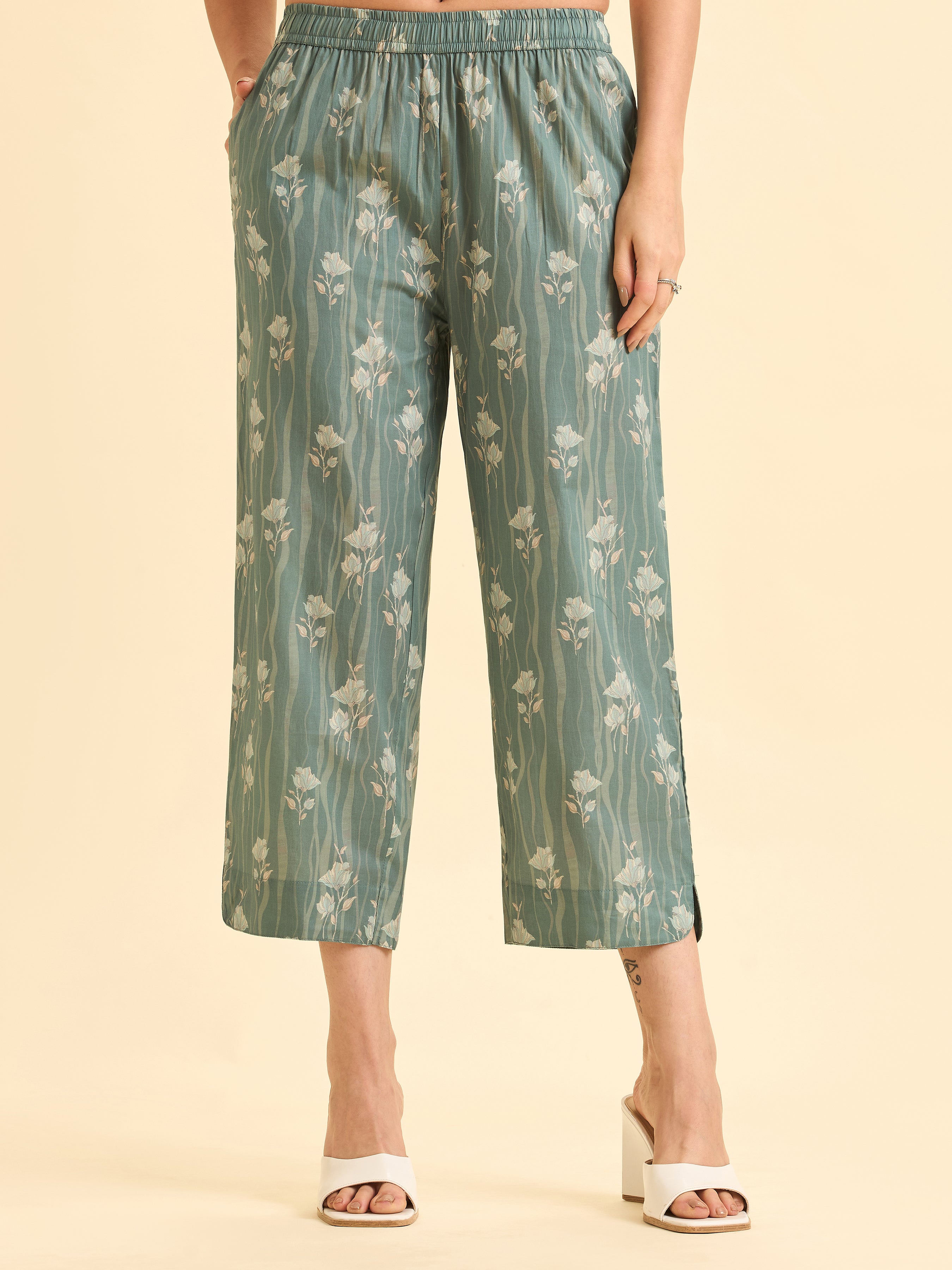 Sage Green Muticolour Pure Cotton Printed Slited Kurti Set With Lace