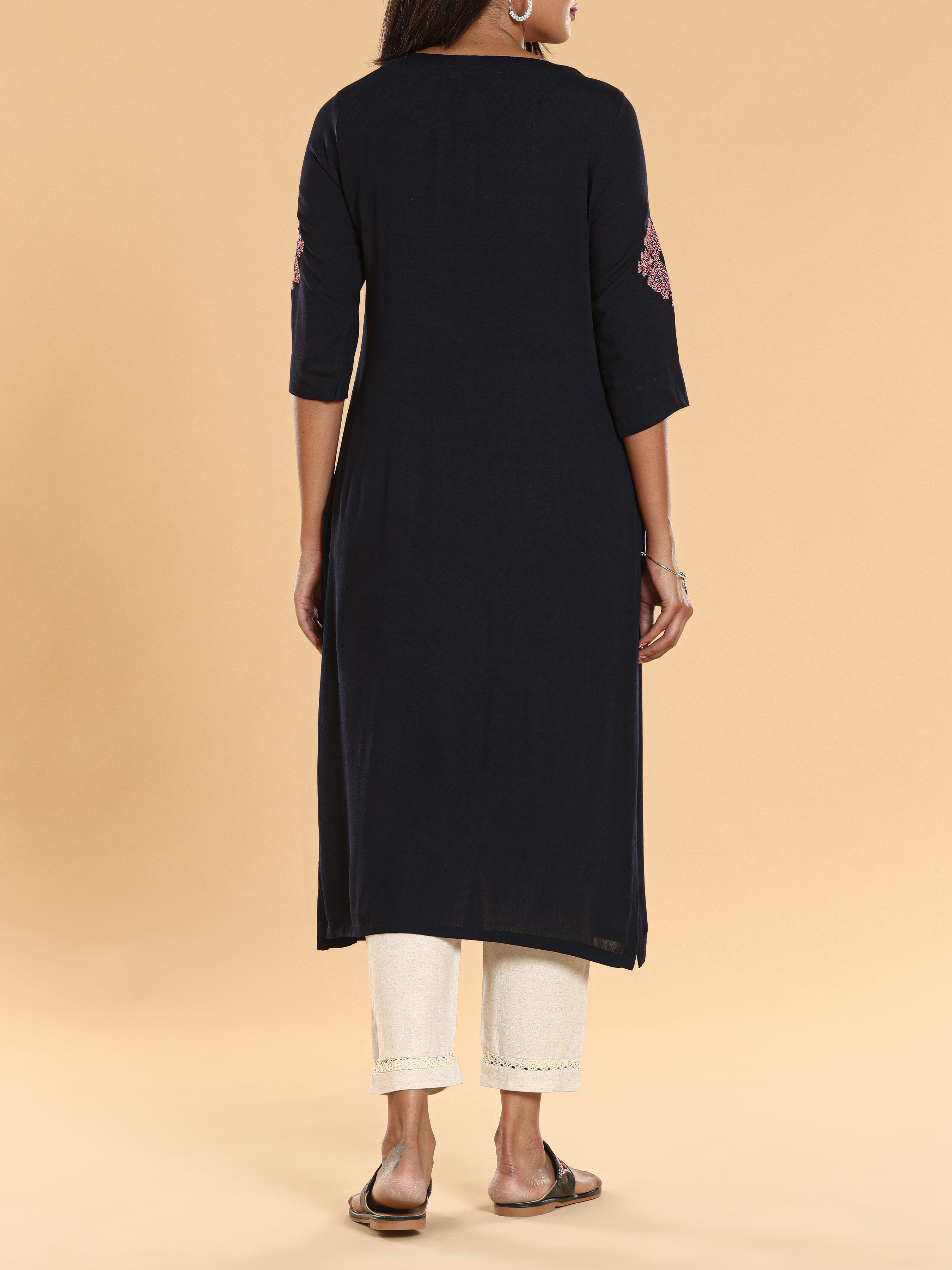 Women Wearing Dark Navy Blue Wrinkle Viscose Kurti With Embroidery