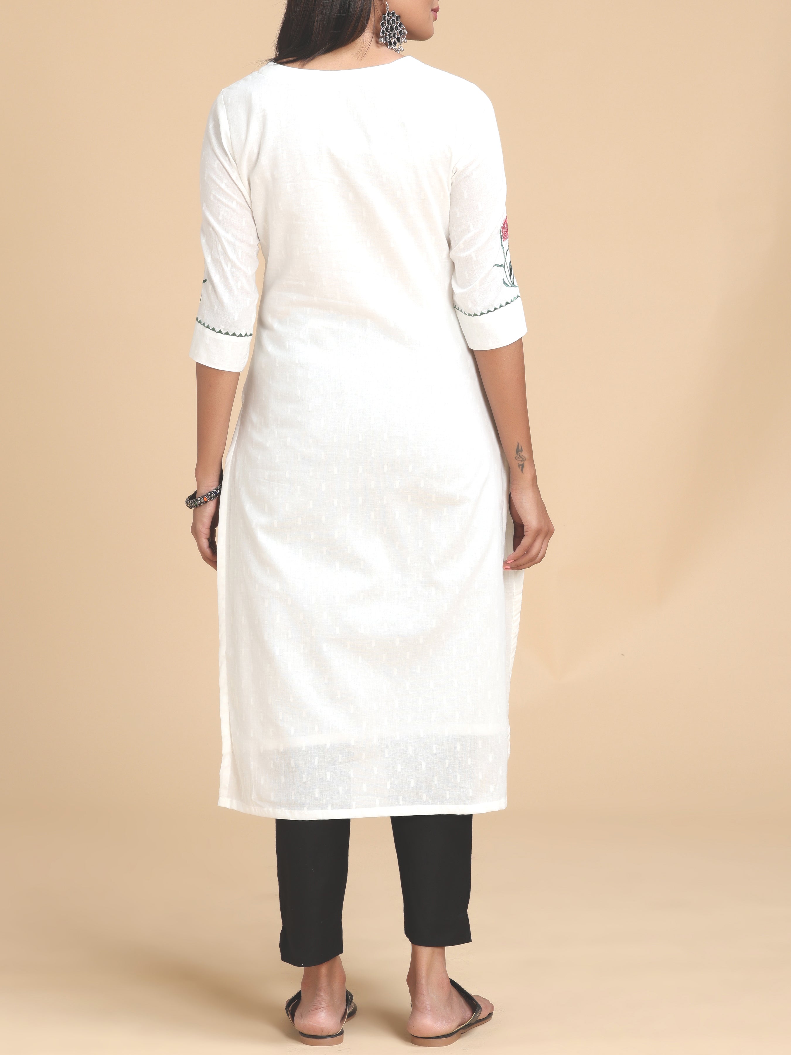 White Cotton Dobby Kurti With Embroidery