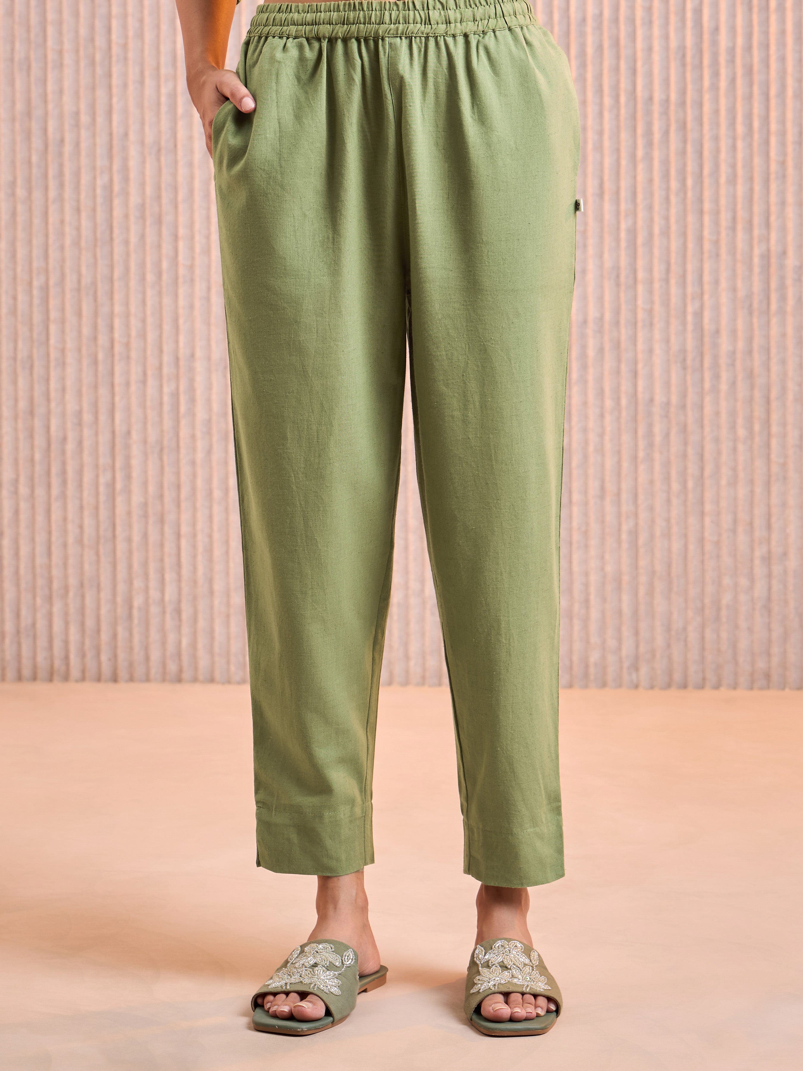 Olive Green Cotton Flax Kurti & Bottom With Lace