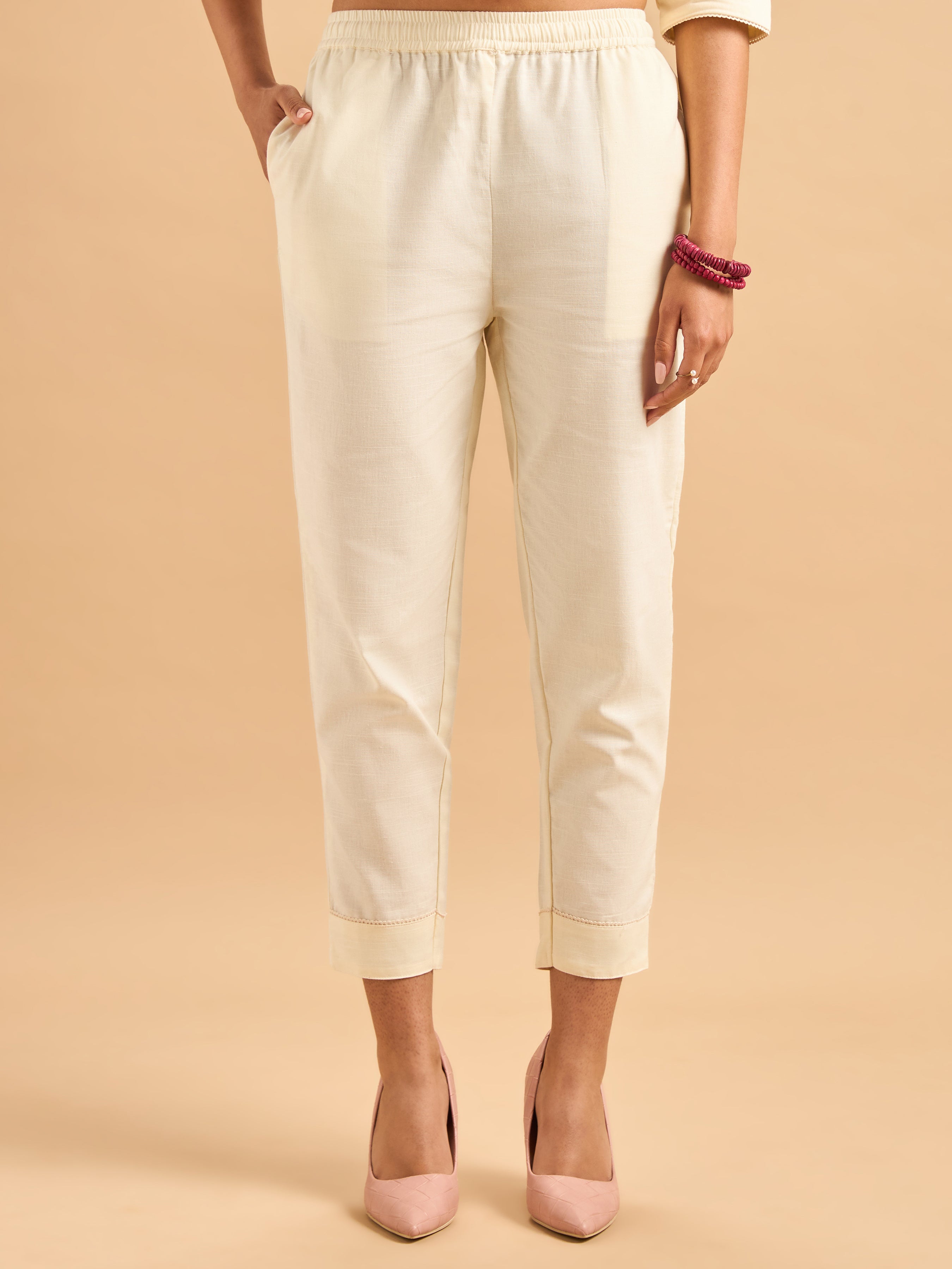 Ivory Cotton Flax Slub Kurti Set With Placement Print