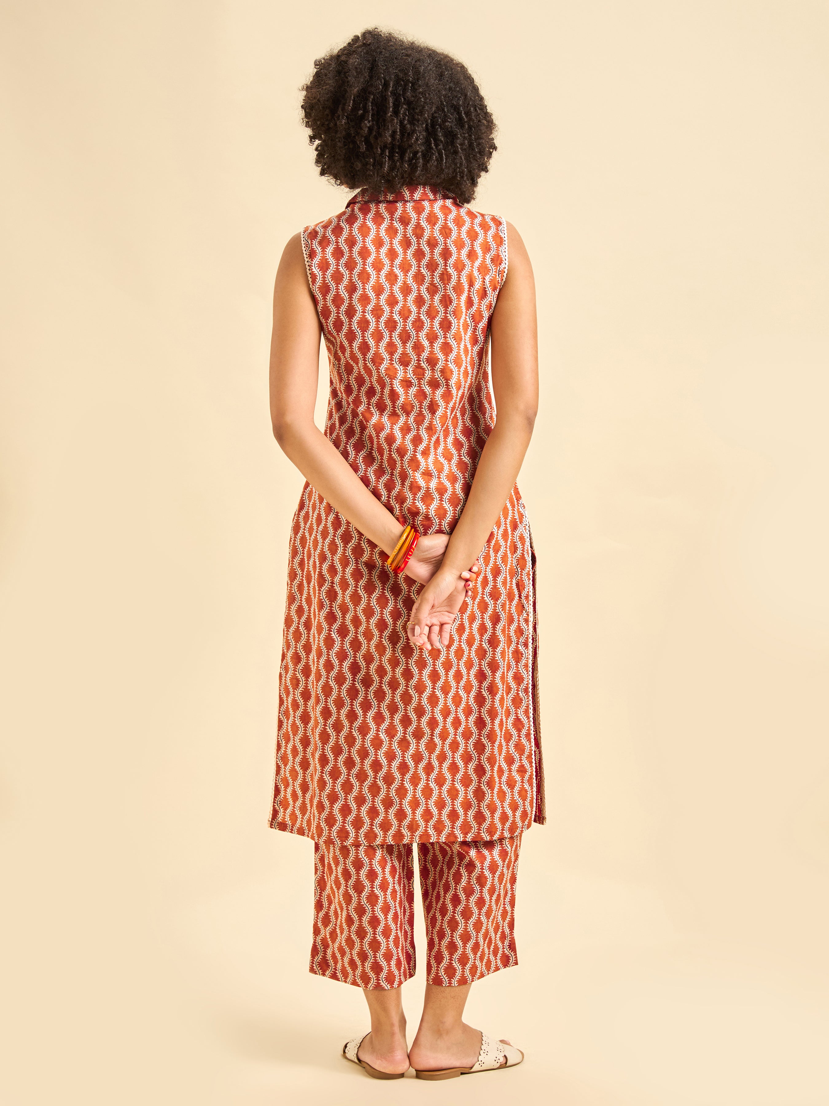 Rust Orange Cotton Printed Co-Ord Set With Lace
