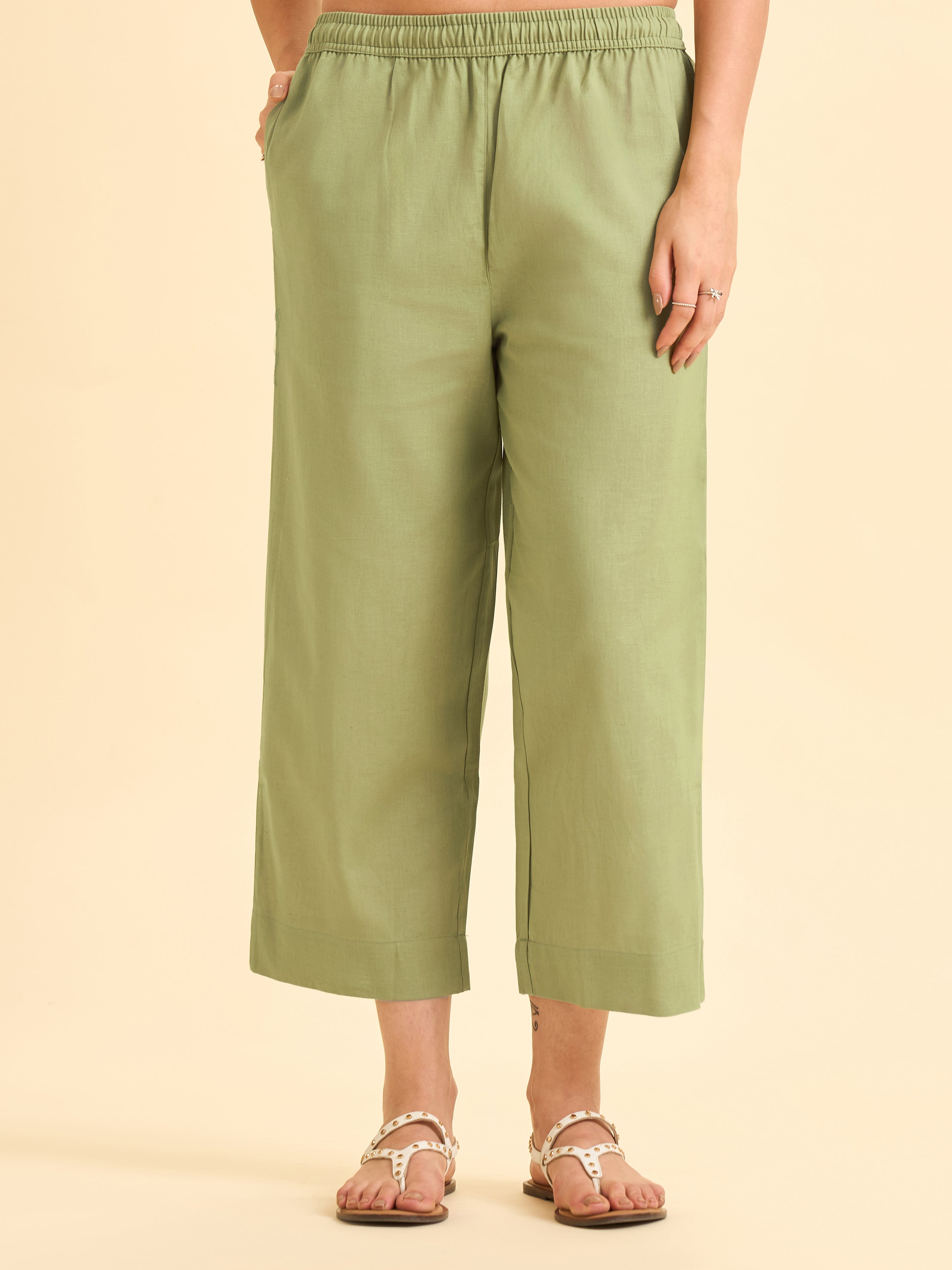 Olive Green Cotton Flax Kurti Set With Embroidery