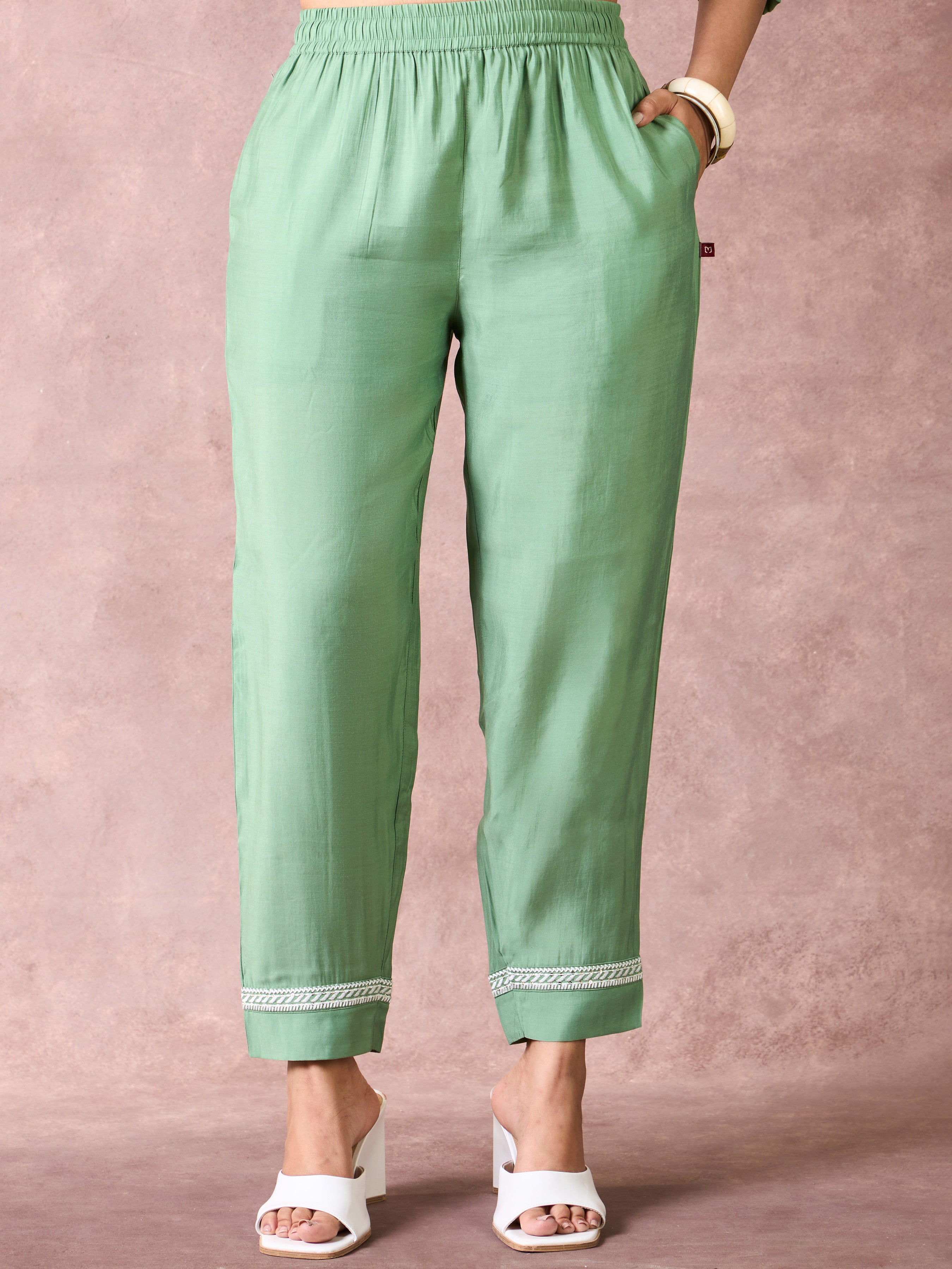 Mint Green Viscose Blend Kurti Set & Dupatta With Embroidery