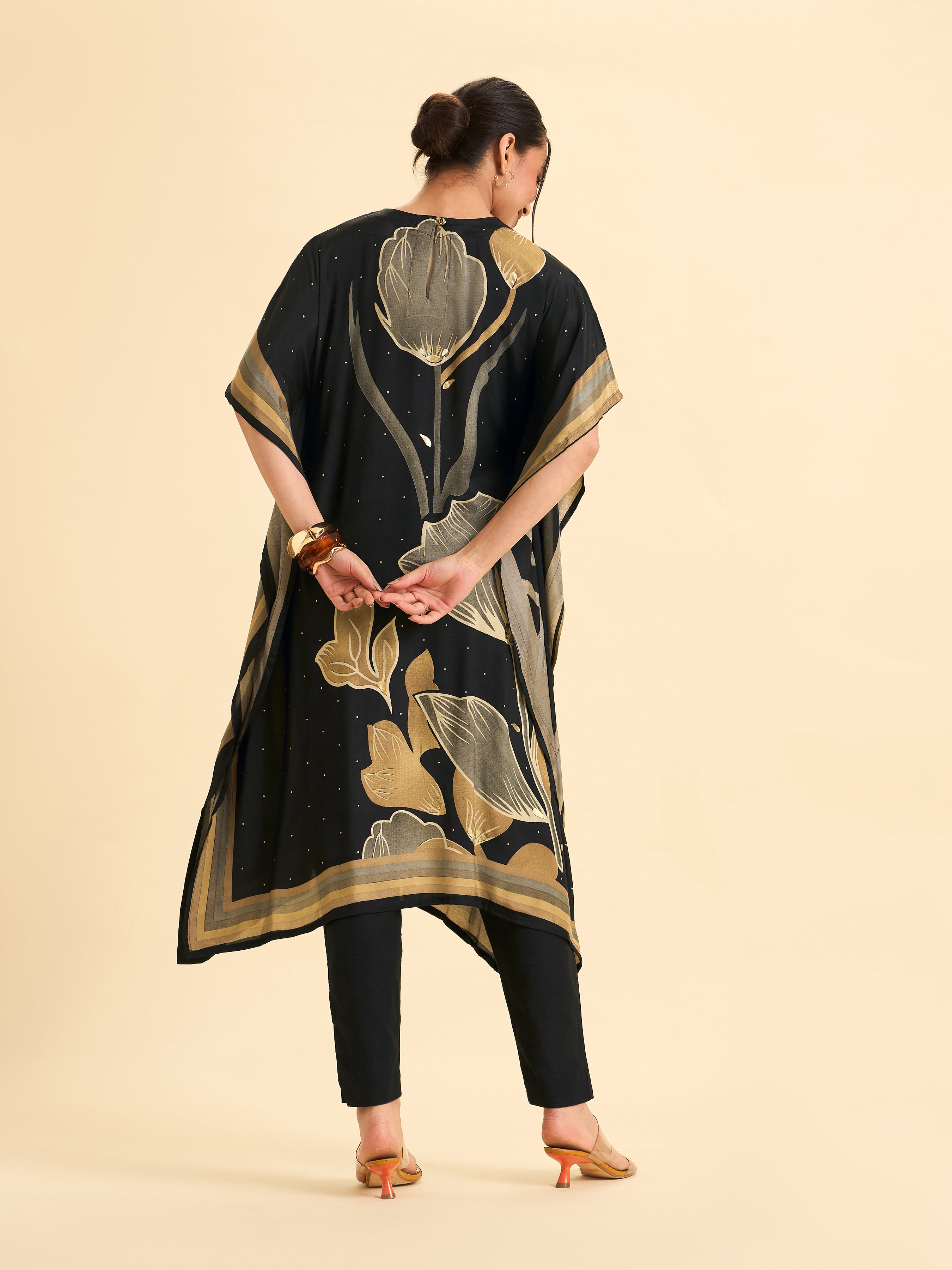 Black Modal Satin Printed Kaftan Kurti With Sequins Embroidery