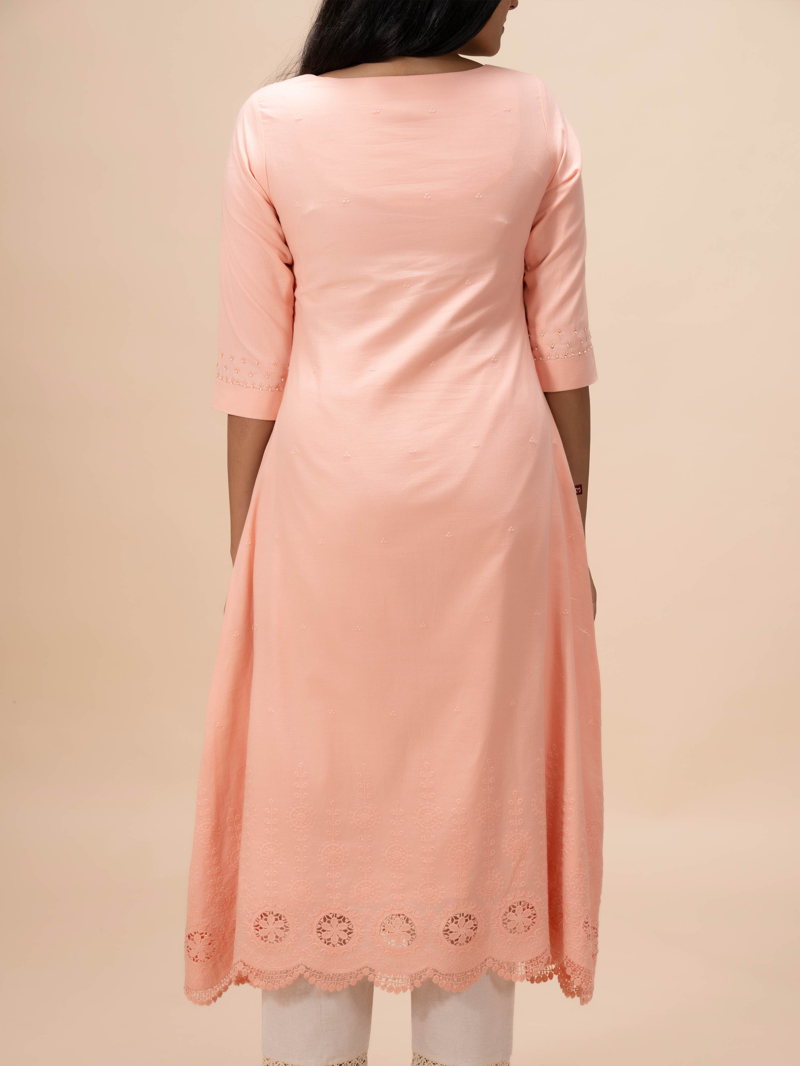 Peach Pure Cotton Kurti With Handwork