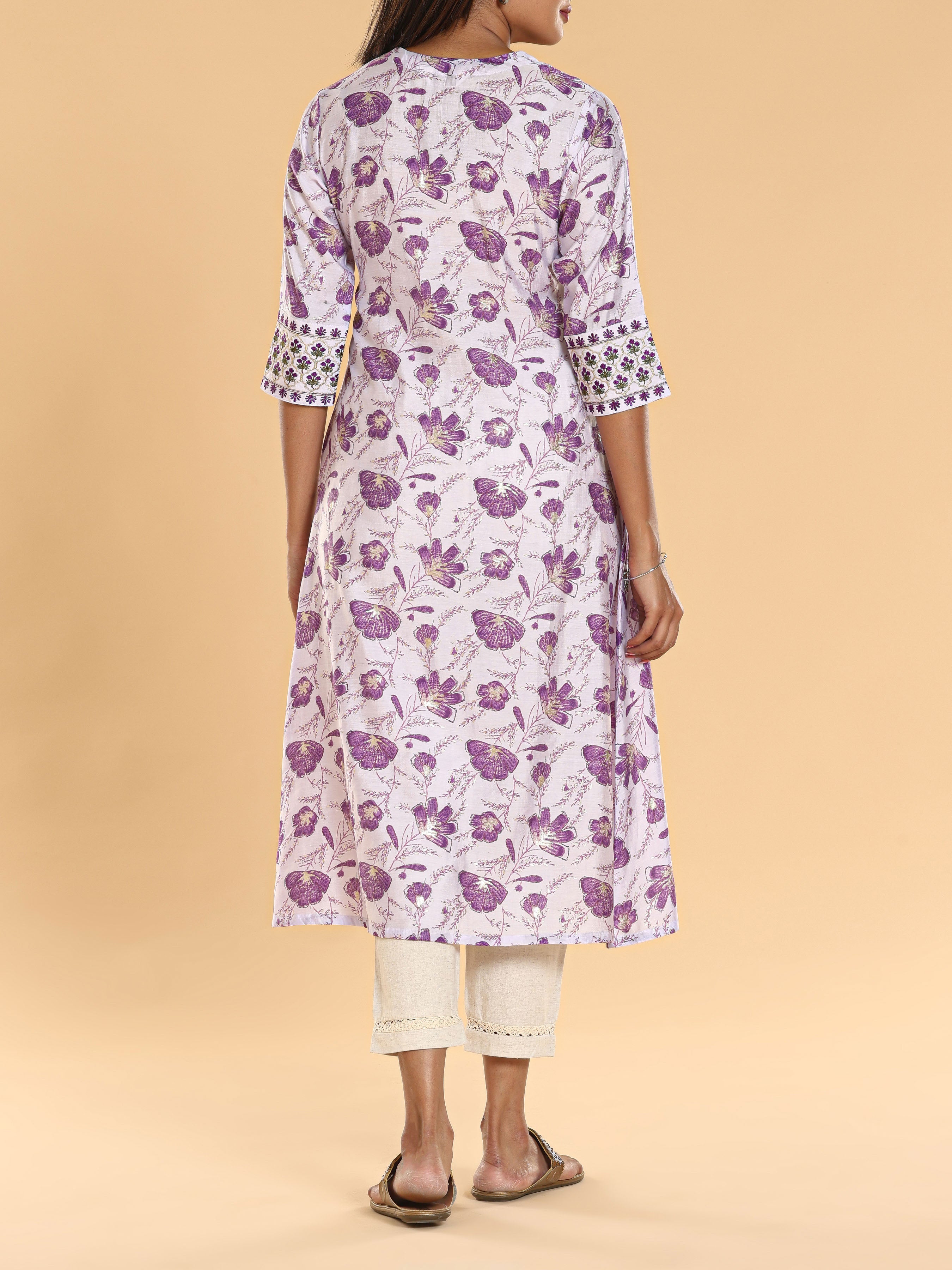 Lilac Blue Modal Chanderi Printed Kurti With Embroidery