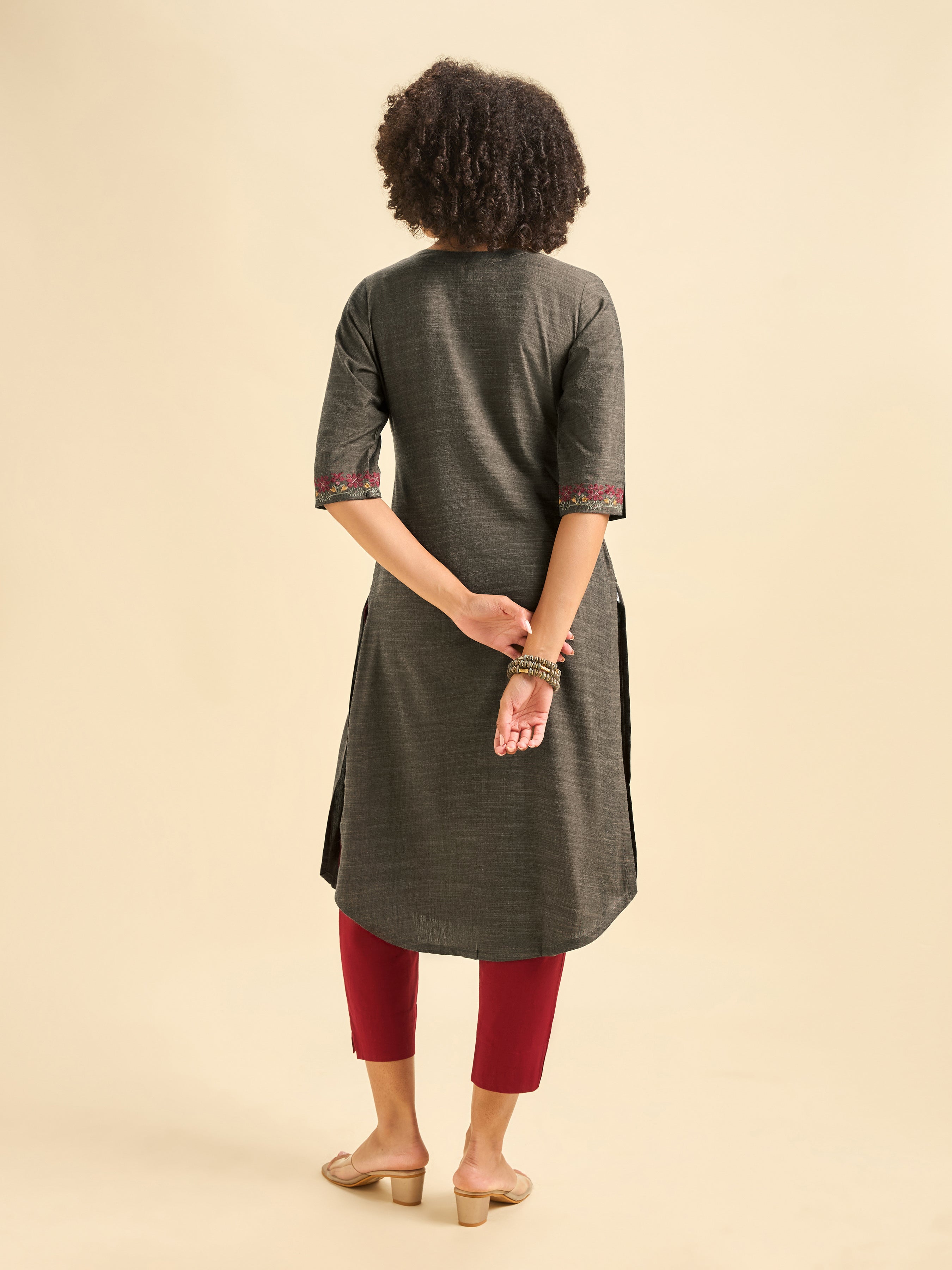 Dark Grey Cotton Viscose Kurti With Cross Stitch Embroidery