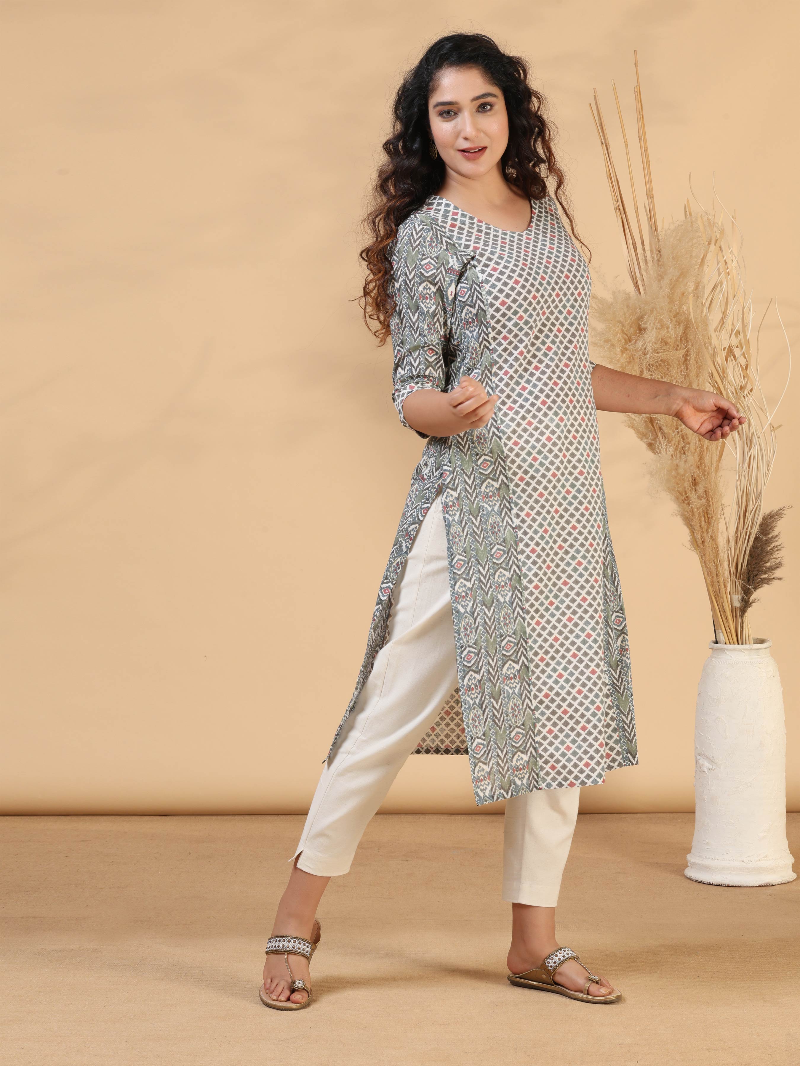 Grey Mul Cotton Printed Kurti With Panel Cut