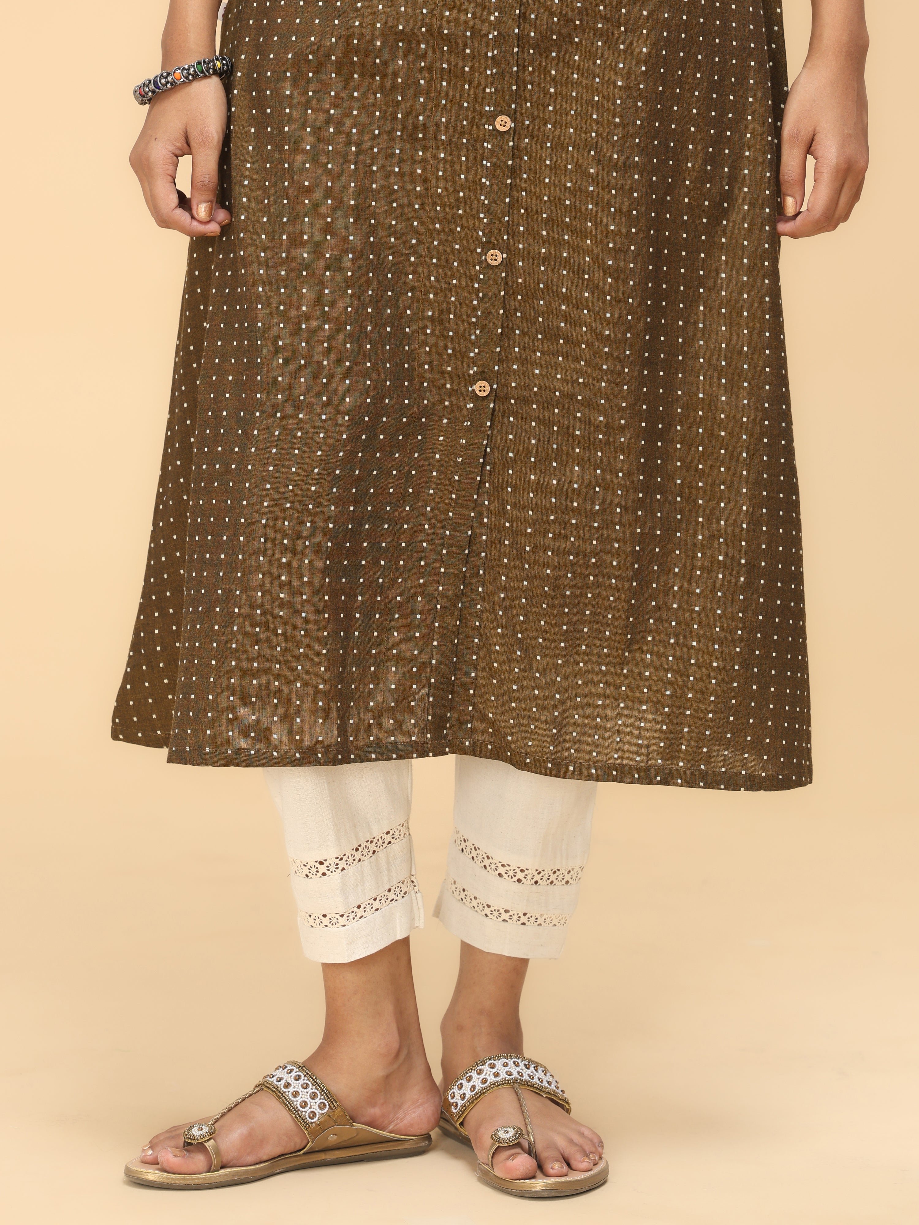Brown Cotton Dobby Kurti With Embroidery