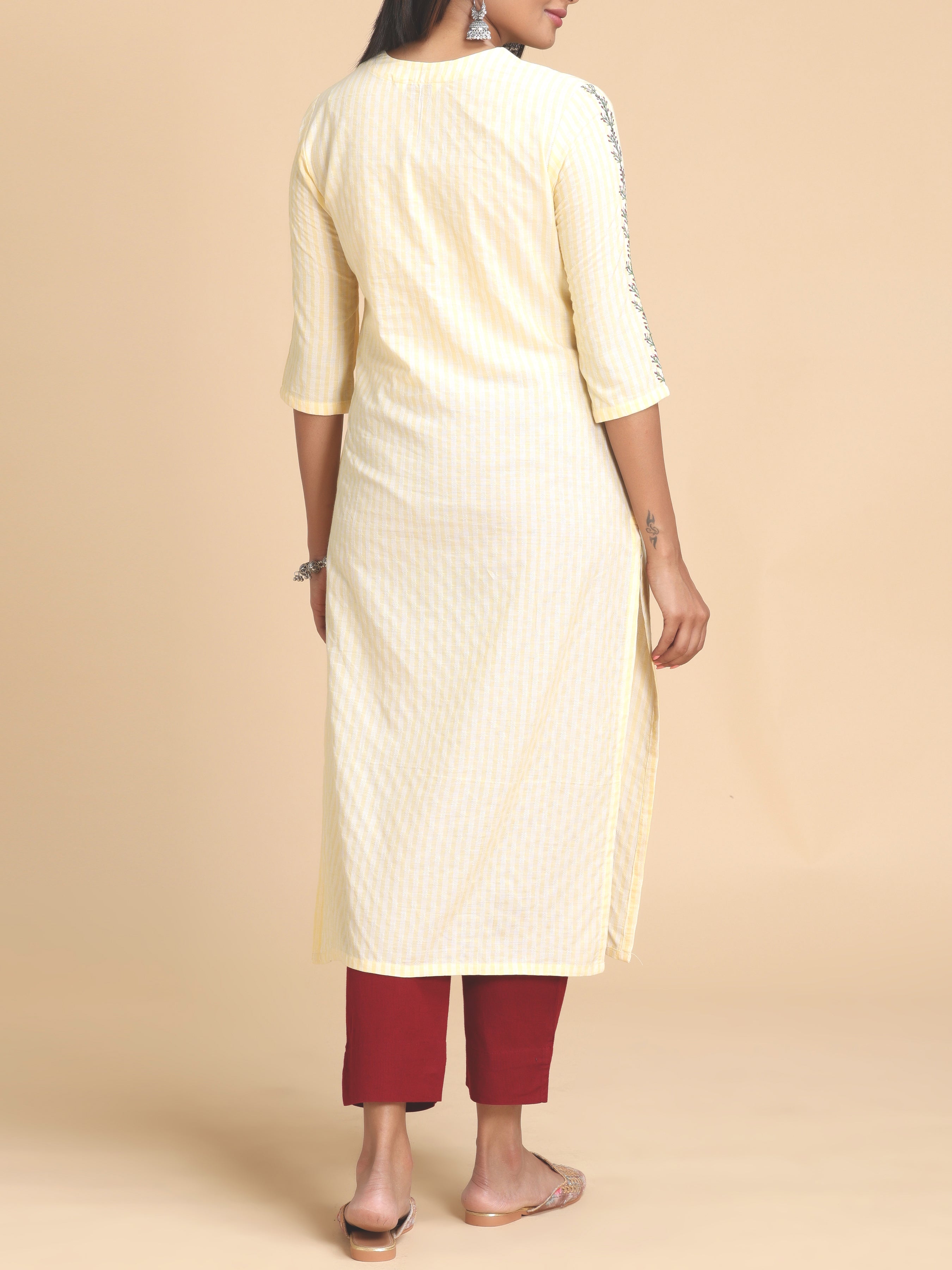 Pale Yellow Cotton Dobby Kurti With Embroidery
