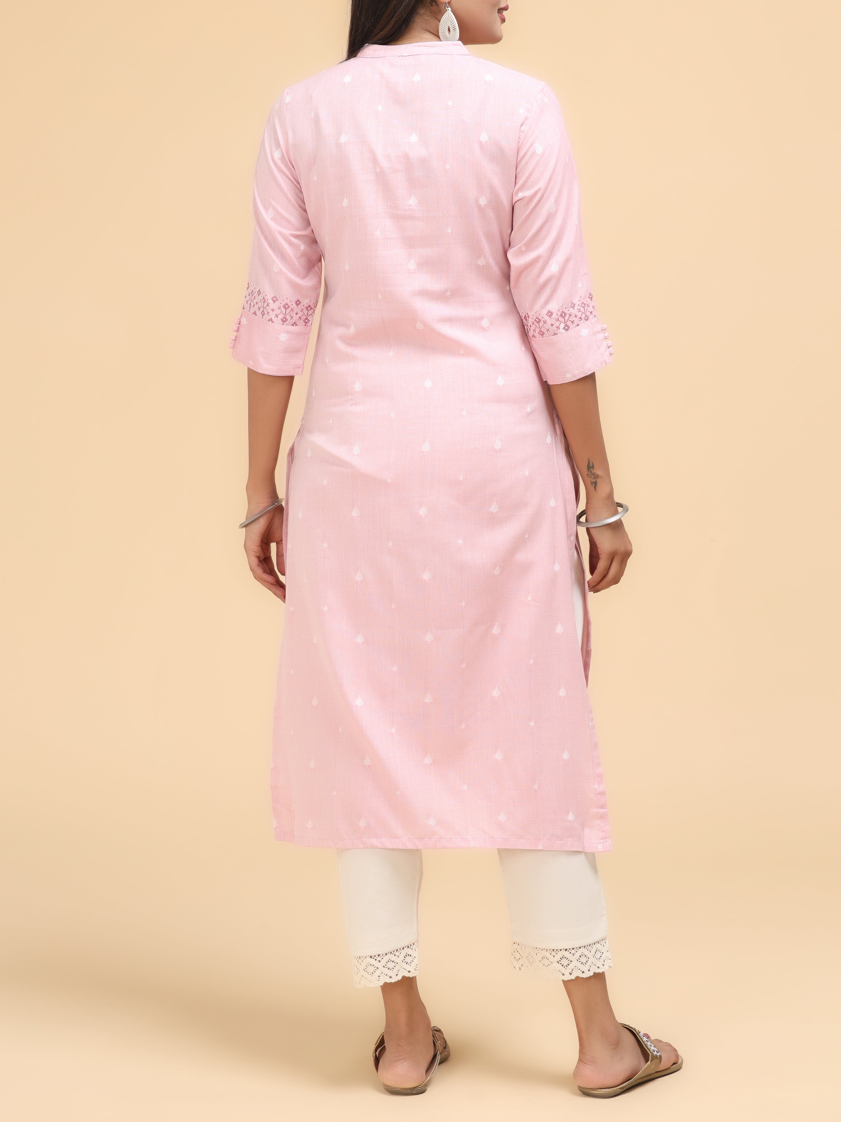 Light Pink Cotton Dobby Kurti With Embroidery