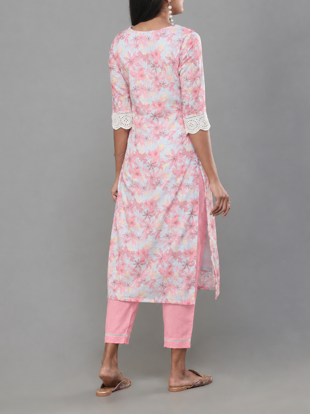Multi Colour Poly Cotton Schiffli Printed Kurti With Embroidery And Matching Bottom