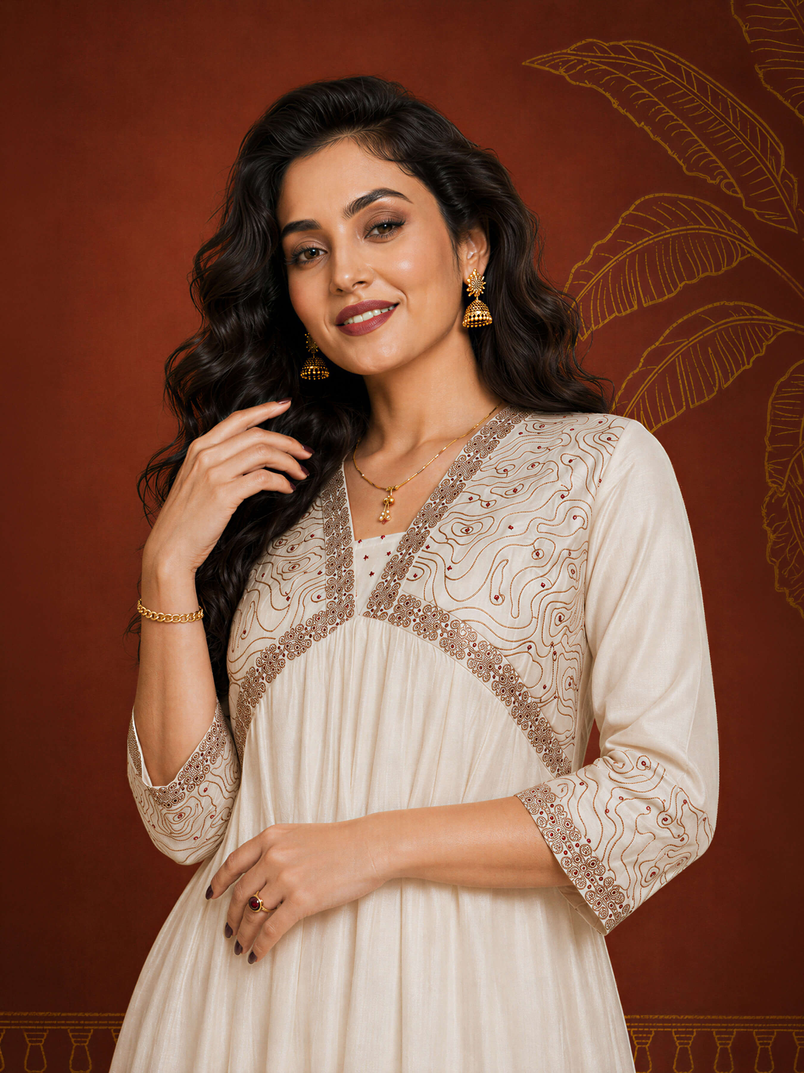 Ivory Mull Chanderi Plain Flared Kali Cut Kurti With Sequence Work Embroidery