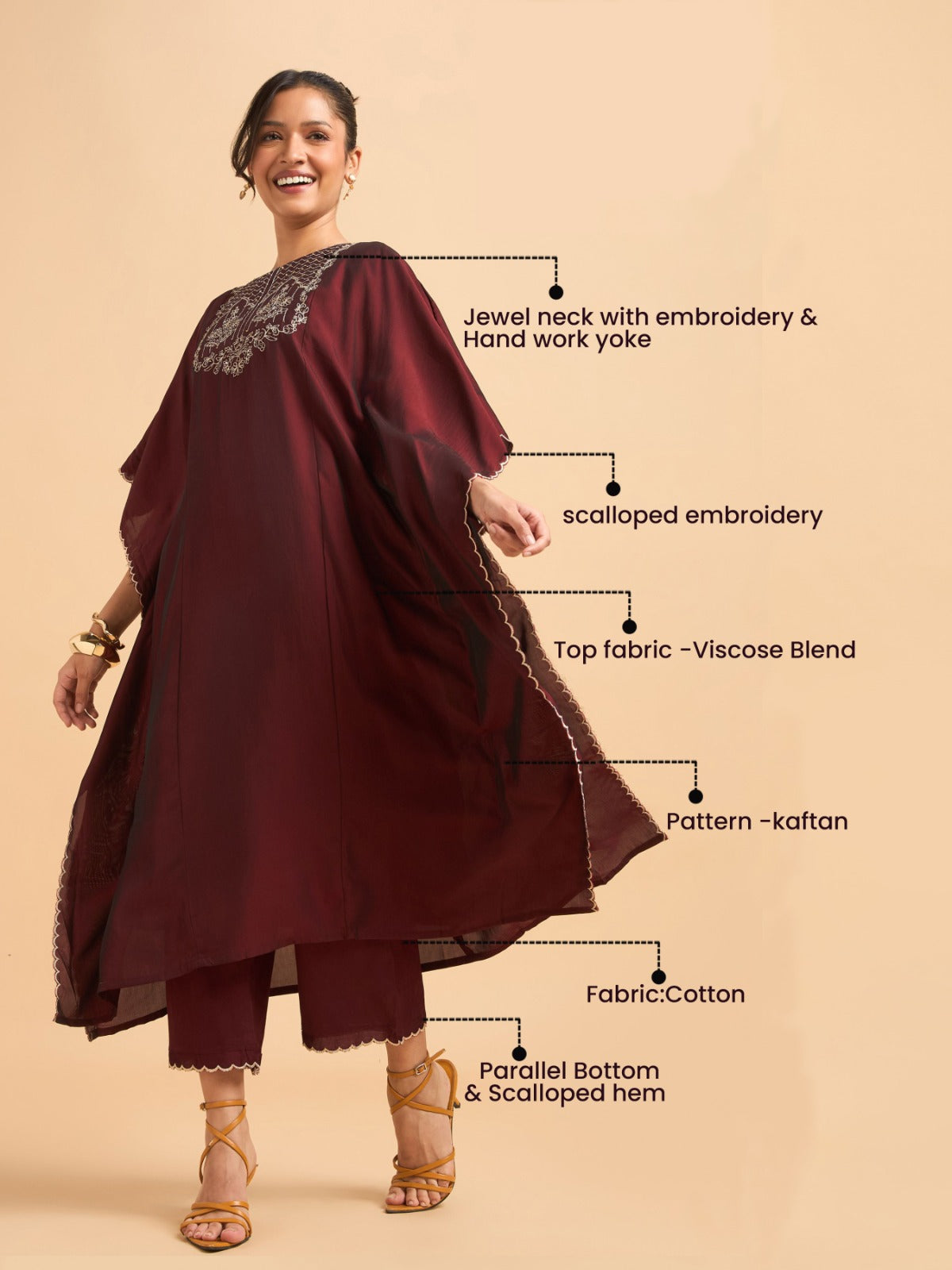 Maroon Viscose Blend Plain Kaftan Kurti Set With Embroidery And Hand Work