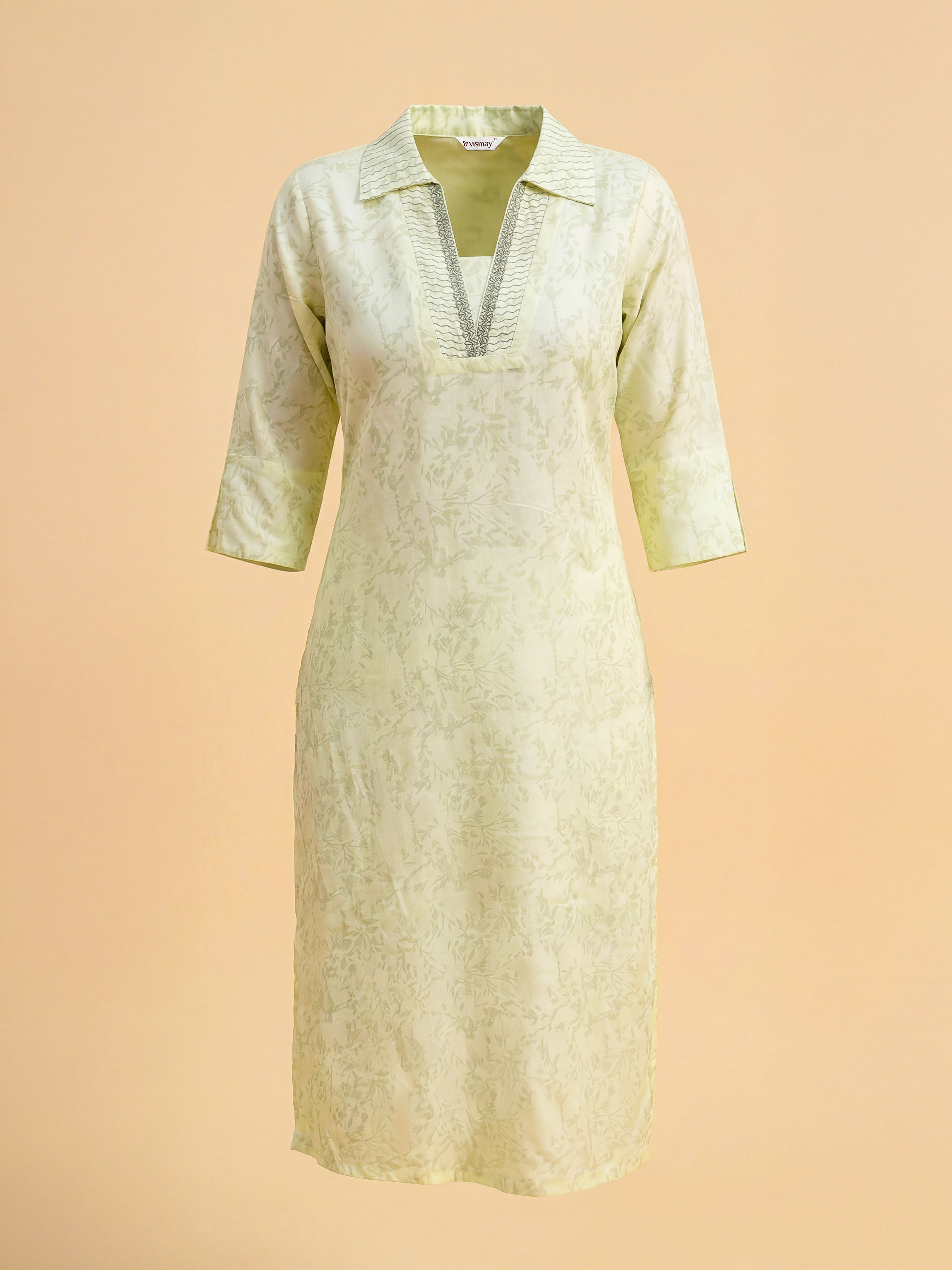 Pale Yellow Viscose Printed Kurti With Embroidery