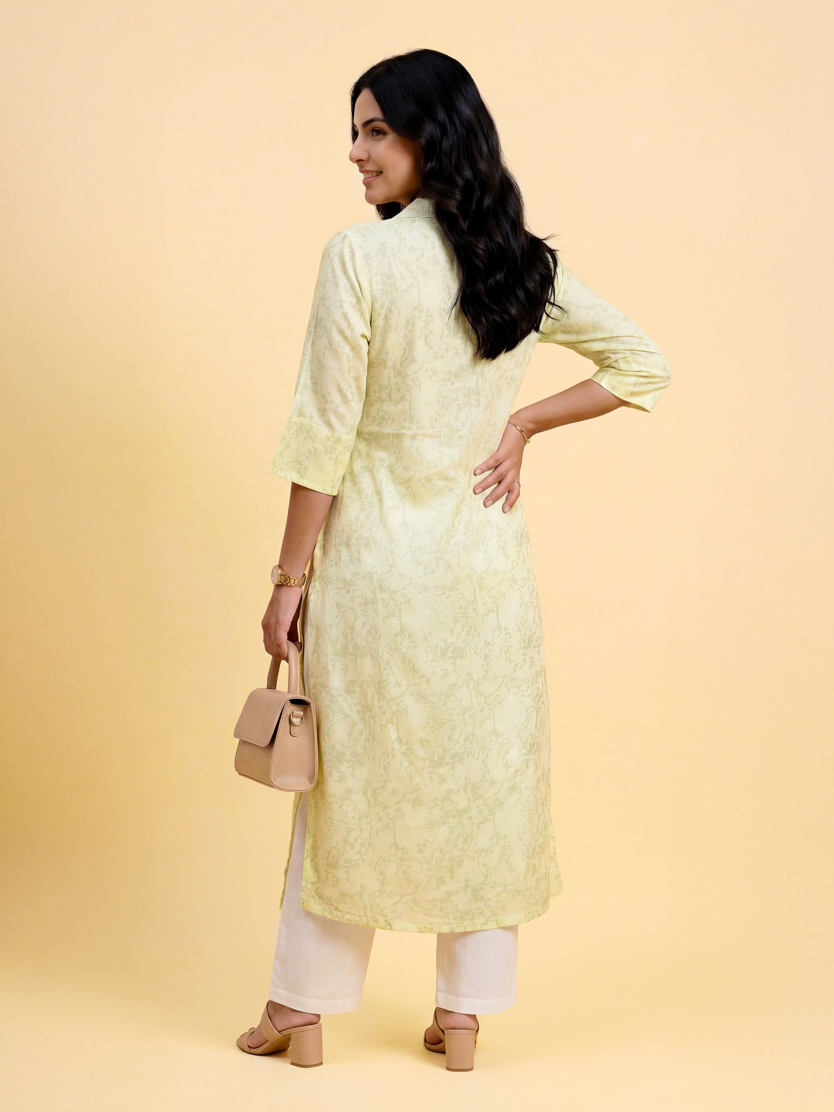 Pale Yellow Viscose Printed Kurti With Embroidery