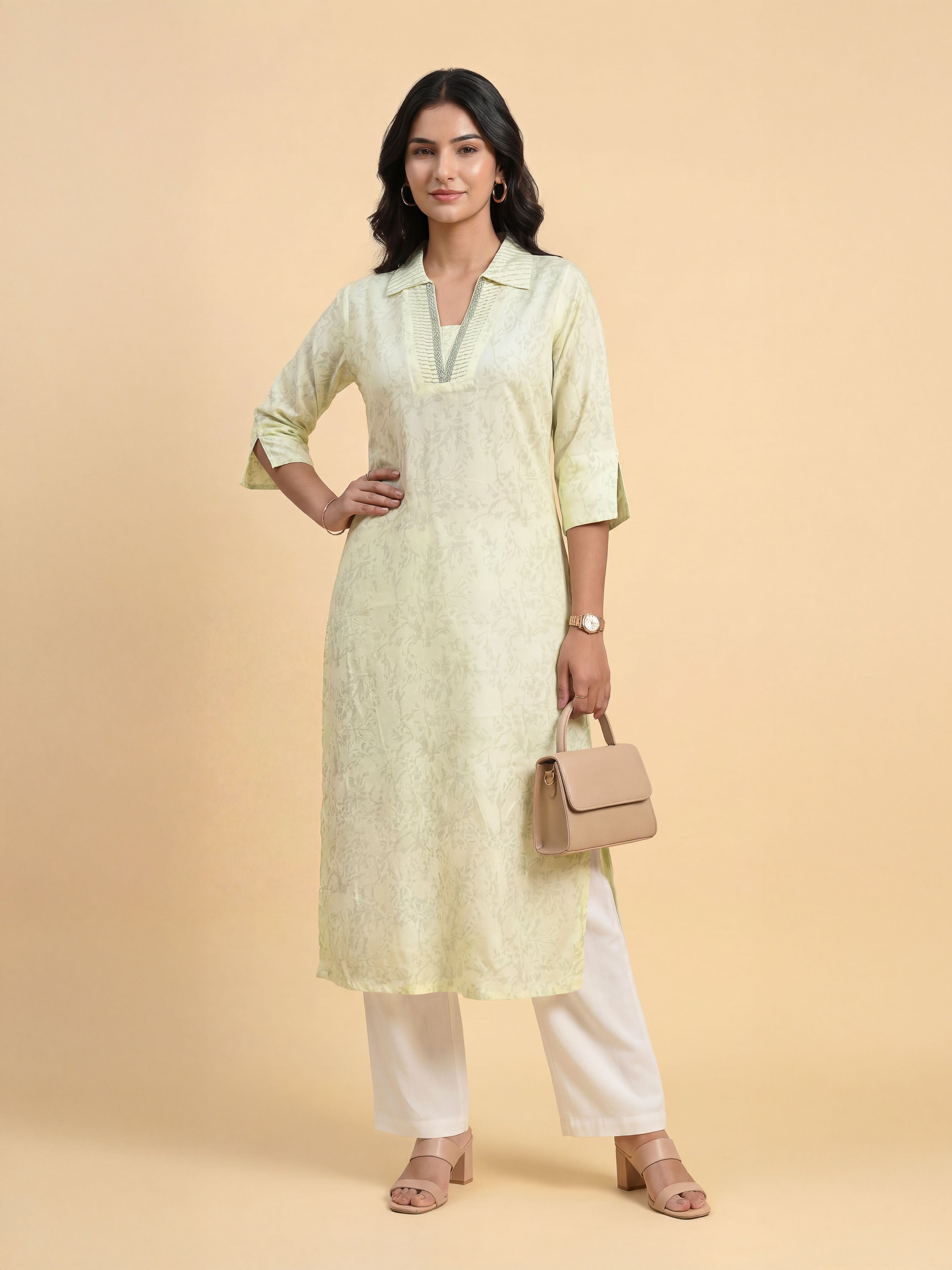 Pale Yellow Viscose Printed Kurti With Embroidery