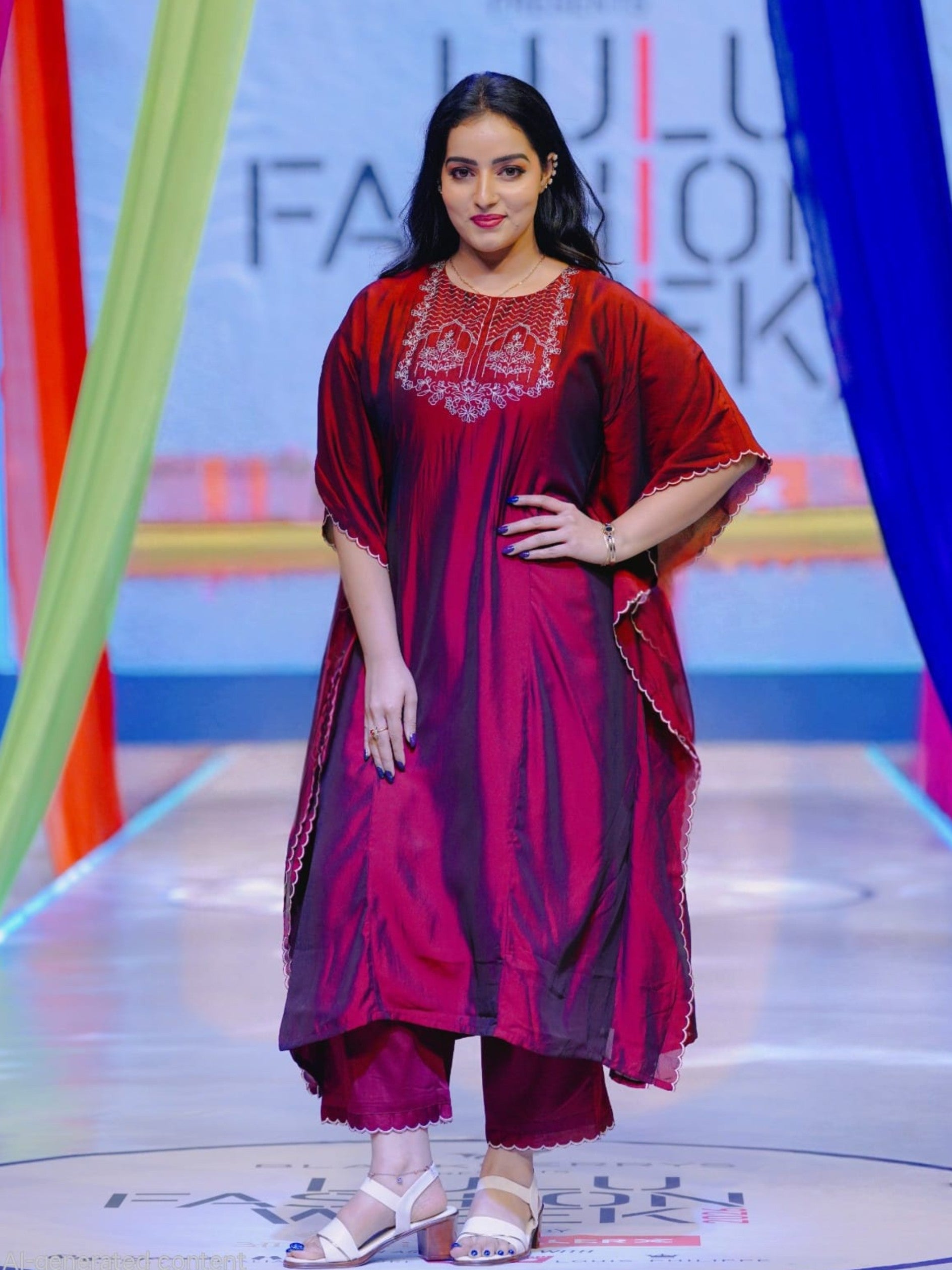 Maroon Viscose Blend Plain Kaftan Kurti Set With Embroidery And Hand Work